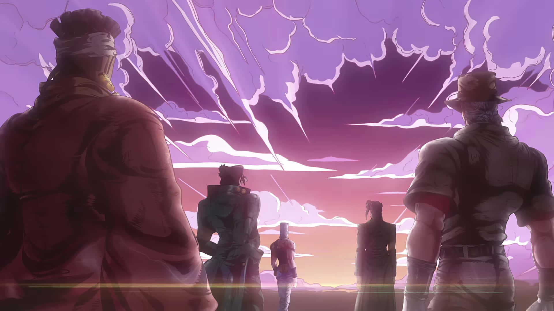 Stardust Crusaders 桌布 壁紙 — 五個動漫角色以剪影形式站立，背景是帶有風格化雲朵的戲劇性紫色和粉紅色天空。