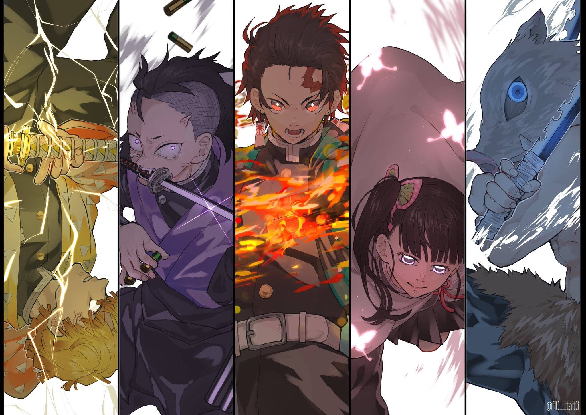 Join the Demon Slayer Corps 壁紙 — 五個動漫角色以動態戰鬥姿勢，手持發光劍，表情強烈，背景風格化。