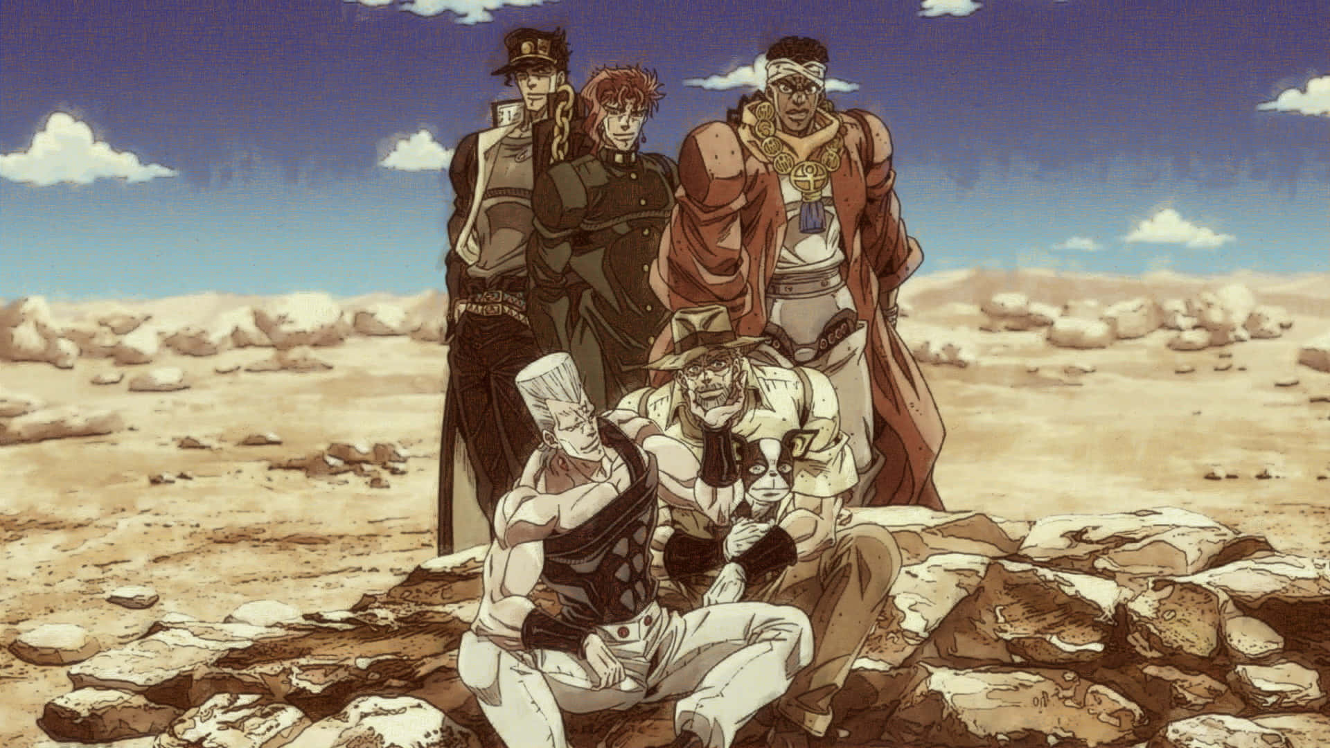 Jotaro Kujo 桌布 壁紙 — 五個動漫角色在岩石沙漠中自信地擺姿勢，背景是明亮的藍天和散落的雲朵。