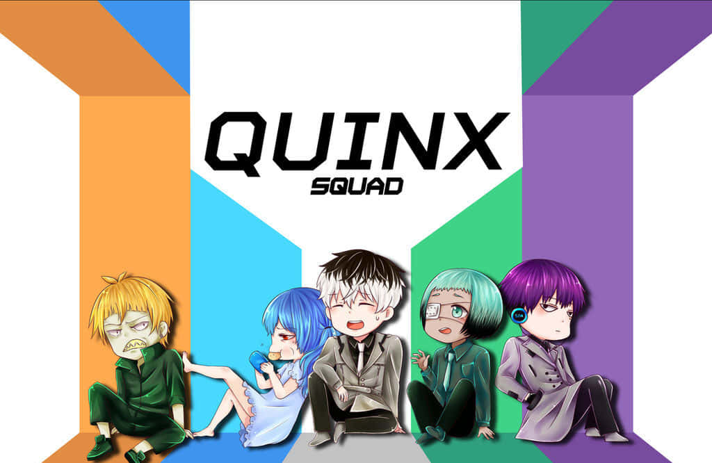 Quinx 桌布 壁紙 — 五個動漫角色坐在色彩繽紛的幾何圖案面板上，下方有粗體「QUINX SQUAD」文字。