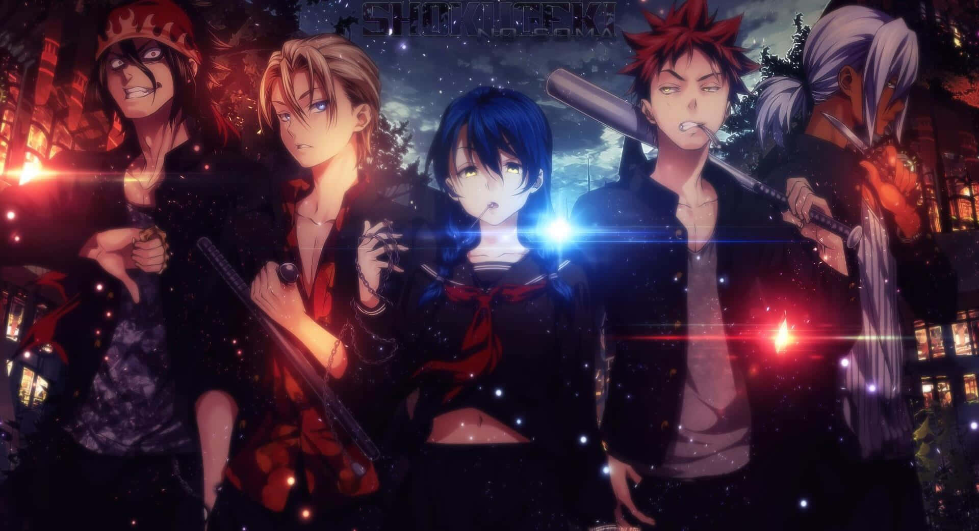 Thriller Anime 桌布 壁紙 — 五個動漫角色手持武器，站在一個被發光紅藍燈光照亮的黑暗都市夜景中。