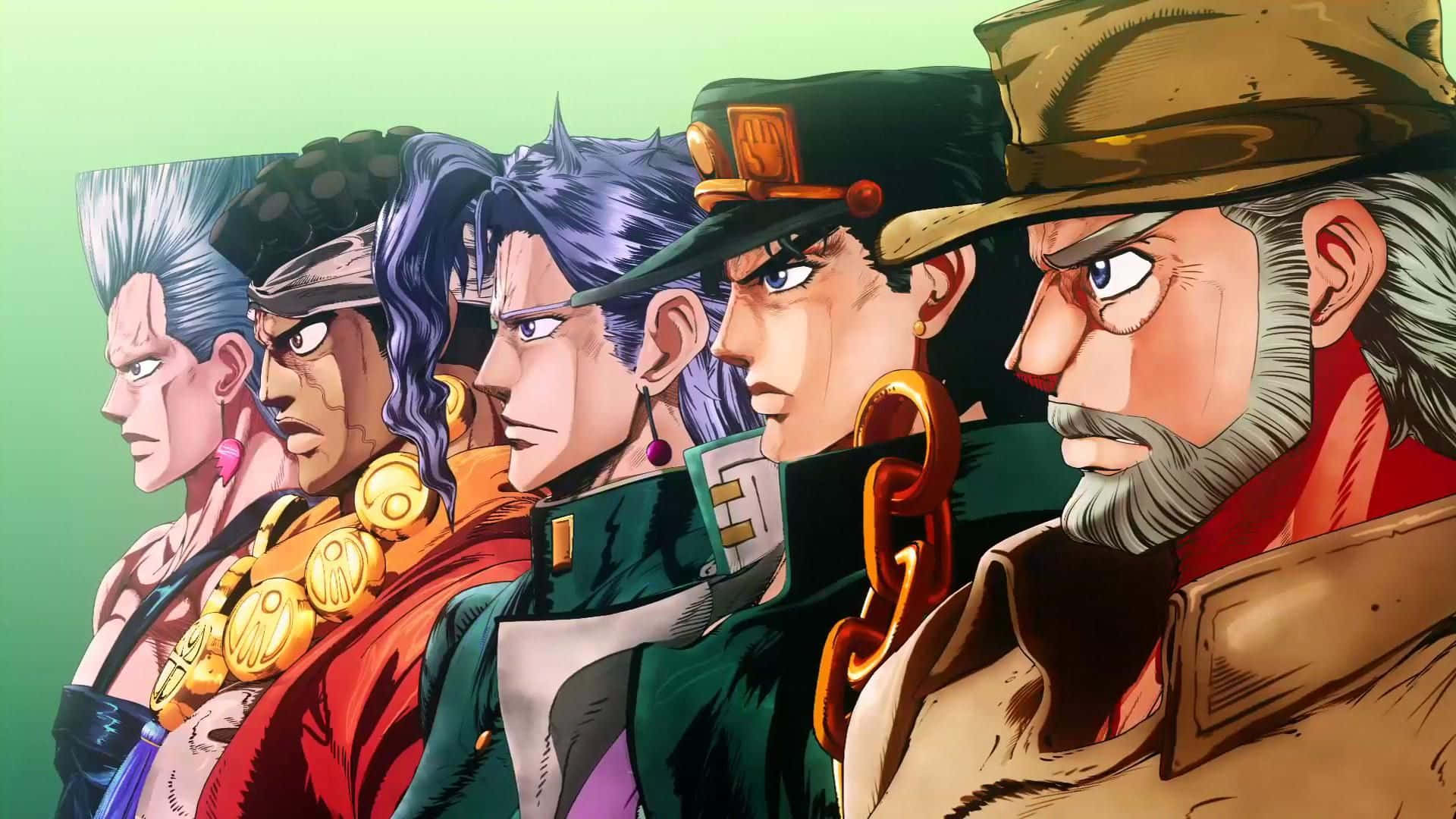 Diamond Is Unbreakable 桌布 壁紙 — 五個動漫角色排成一排，各有獨特髮型和服裝，背景是柔和的綠色漸變。