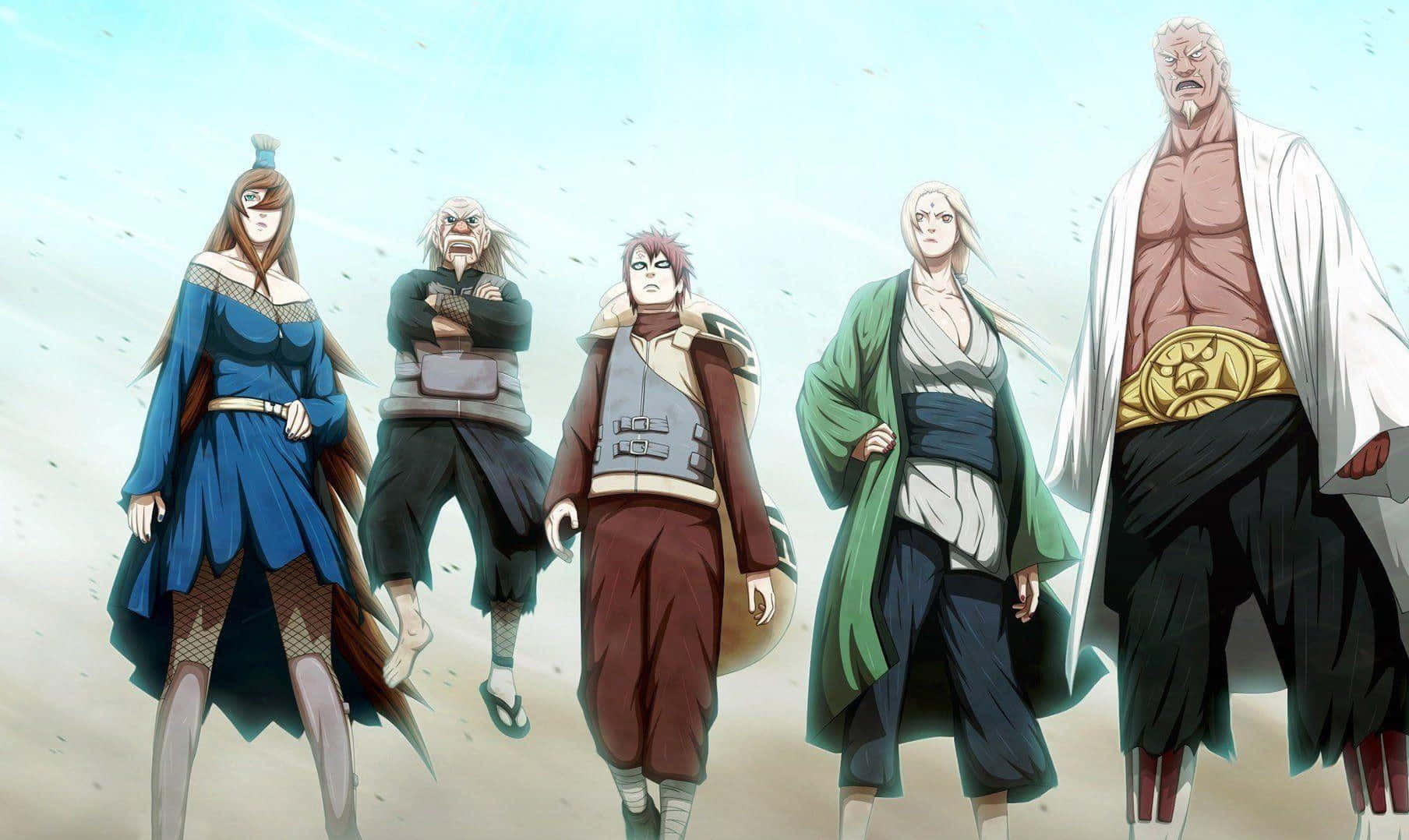 Five Kage Summit 桌布 壁紙 — 五個動漫角色排成一排，背景是蒼白的天空，風吹起的粒子在他們周圍旋轉。