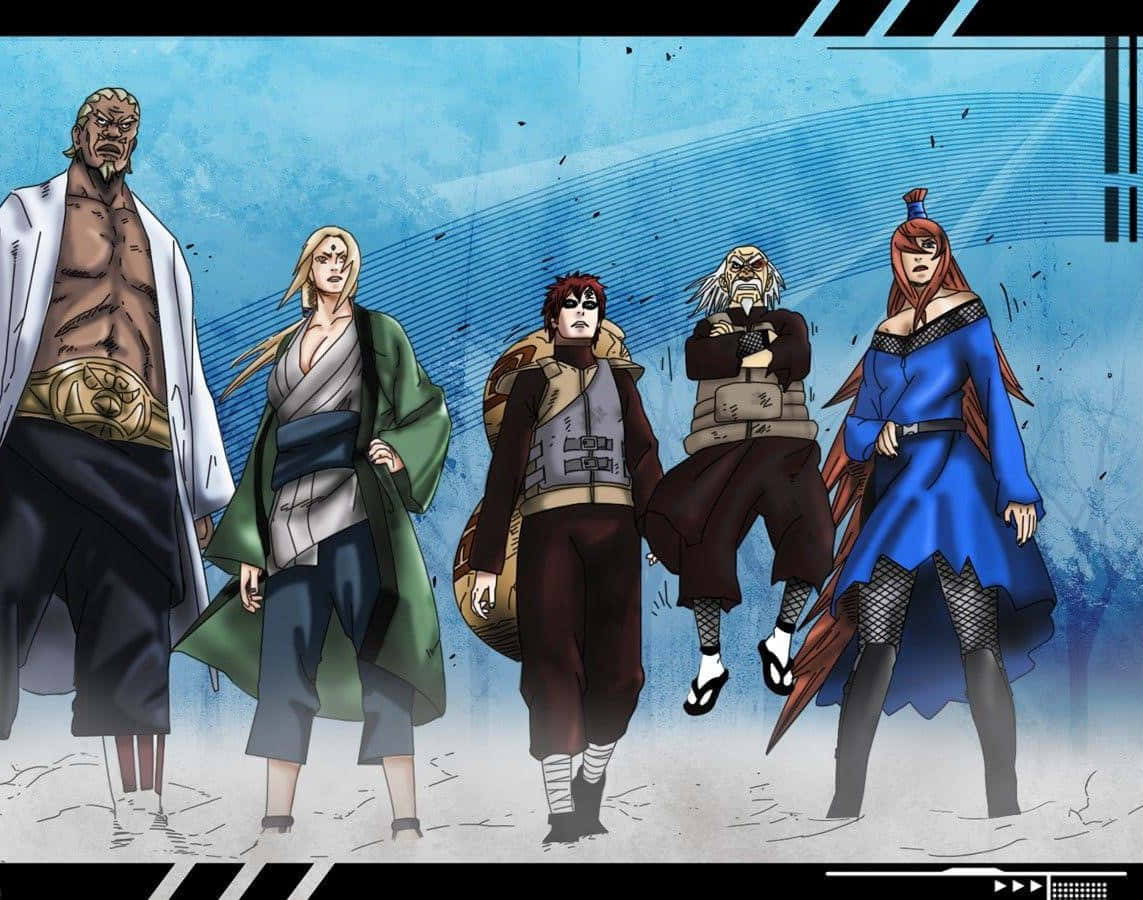 Five Kage Summit 桌布 壁紙 — 五個動漫角色穿著不同的服裝，自信地站在帶有動態線條的時尚藍色背景前。