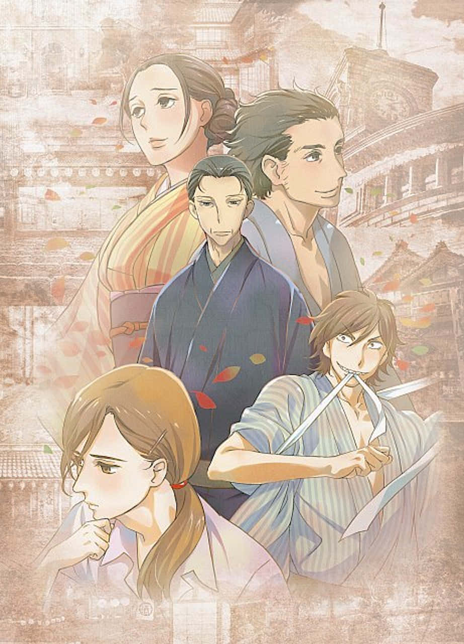 shouwa genroku rakugo shinjuu 桌布 壁紙 — 五個動漫角色穿著傳統日本服飾，站在歷史城市背景下，周圍飄落著秋天的落葉。