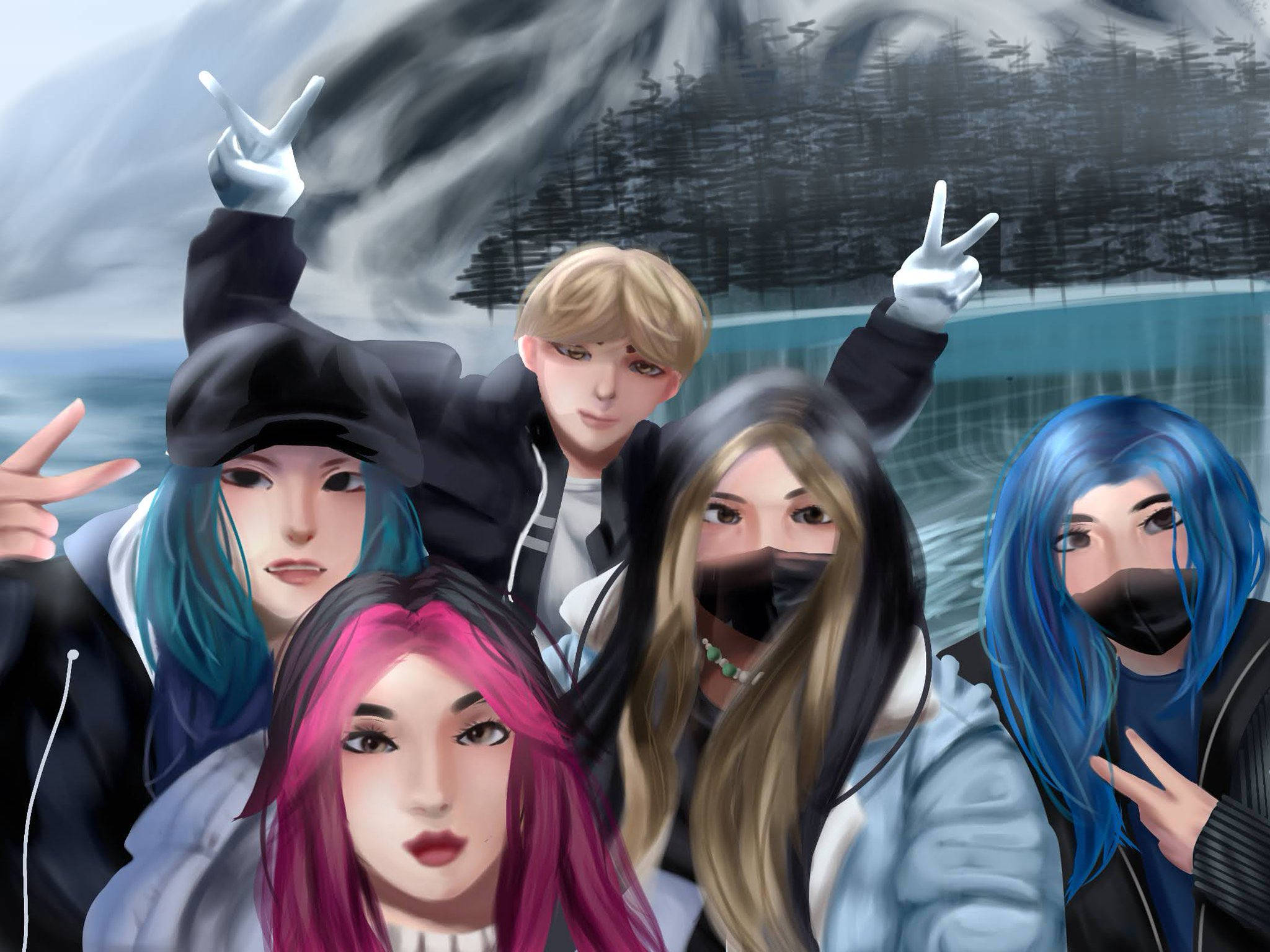 The Krew Group 壁紙 — 五個動漫風格嘅青少年，頭髮色彩繽紛，喺暴風雨嘅山景背景下開心擺甫士。