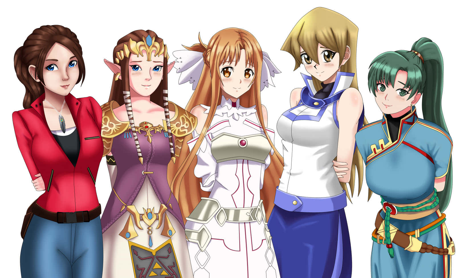 Alexis Rhodes 桌布 壁紙 — 五個動漫風格女性角色穿著色彩繽紛的奇幻服裝，自信地站在純白色背景前。