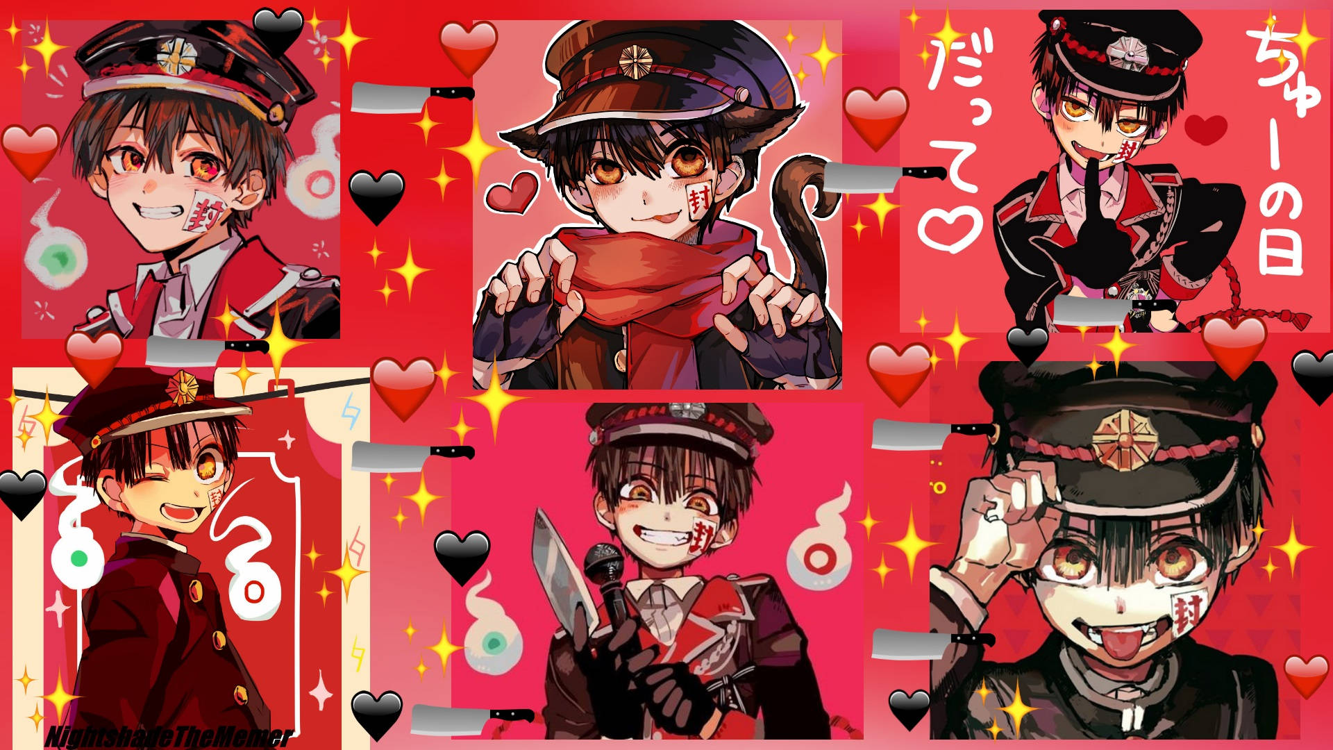 hanako 桌布 壁紙 — 五個動漫風格男孩角色，身穿紅色制服，手持刀、心形和閃光，背景為充滿活力的粉紅色。