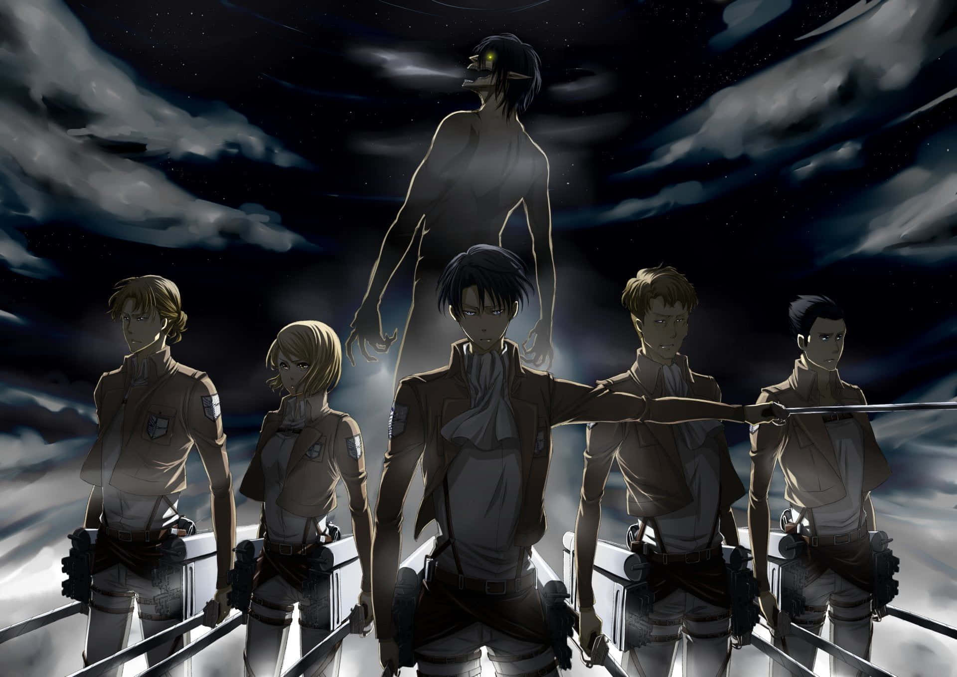 Attack On Titan The Final Season 桌布 壁紙 — 五個動畫士兵在星空下排成隊形，身後有一個高聳的陰影巨人若隱若現。