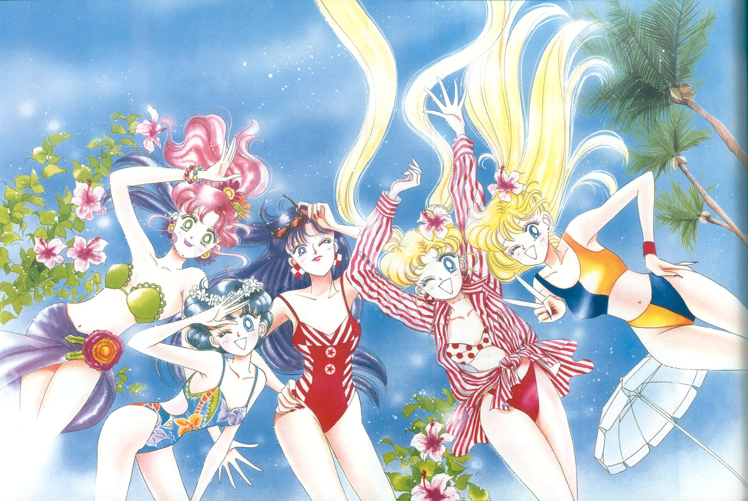 Sailor Venus 桌布 壁紙 — 五個動畫女孩穿著色彩繽紛的泳衣，在明亮的藍天下，在熱帶花卉和棕櫚樹中快樂地擺姿勢。