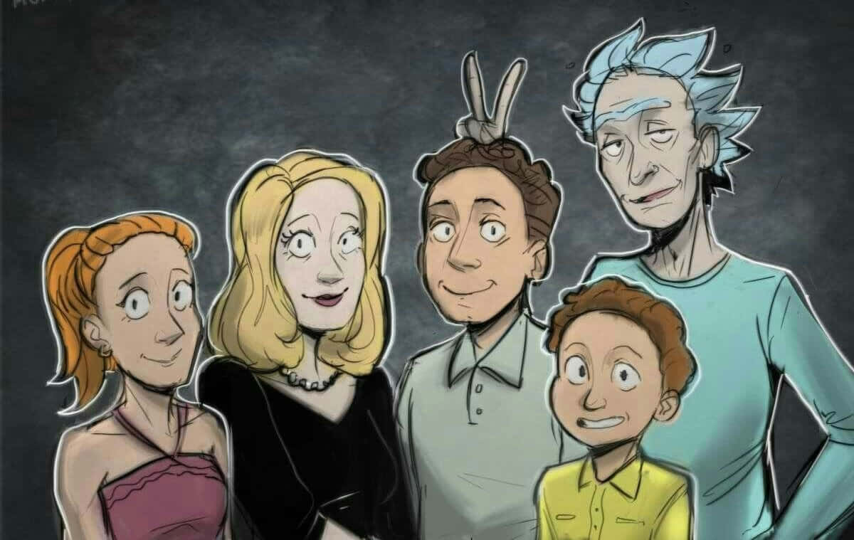 Wubba Lubba Dub Dub 桌布 壁紙 — 五個動畫角色，各有不同的髮型和表情，一起站在深色紋理背景前。