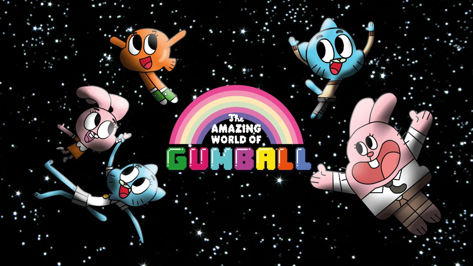 Gumball And Darwin 桌布 壁紙 — 五個動畫角色在繁星點點的空間中快樂地漂浮在色彩繽紛的彩虹周圍並顯示標題。