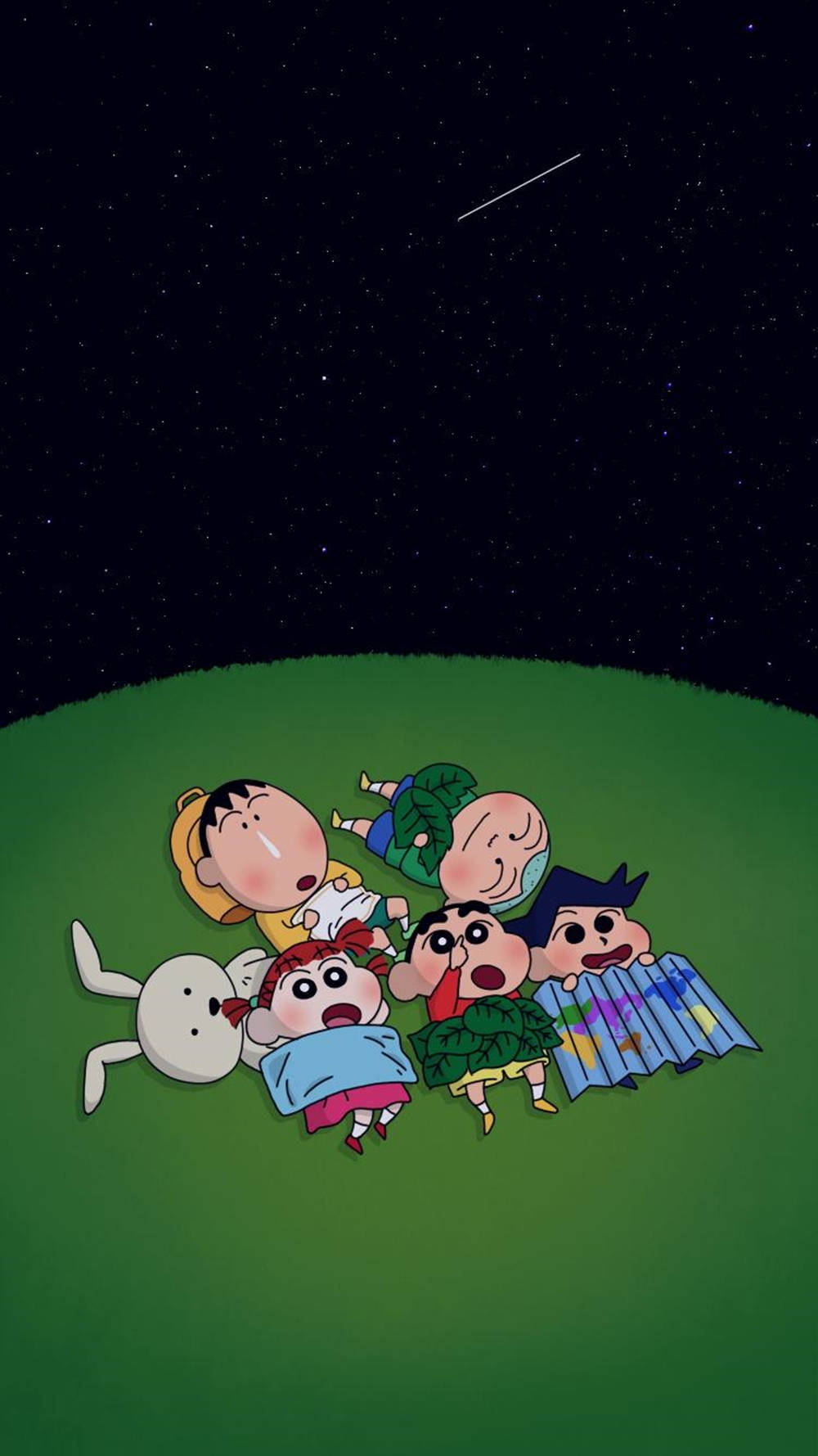 卡通小孩和兔子在夜空中觀看流星。 — 動畫 iPhone GIF 壁紙