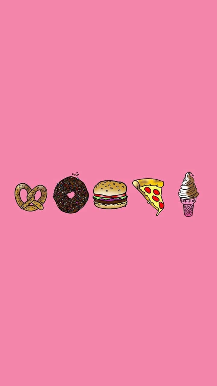 Soft Girl Aesthetic 桌布 壁紙 — 五個卡通風格快餐圖標：蝴蝶脆餅、冬甩、漢堡、薄餅片和雪糕筒，漂浮在純粉紅色背景上。
