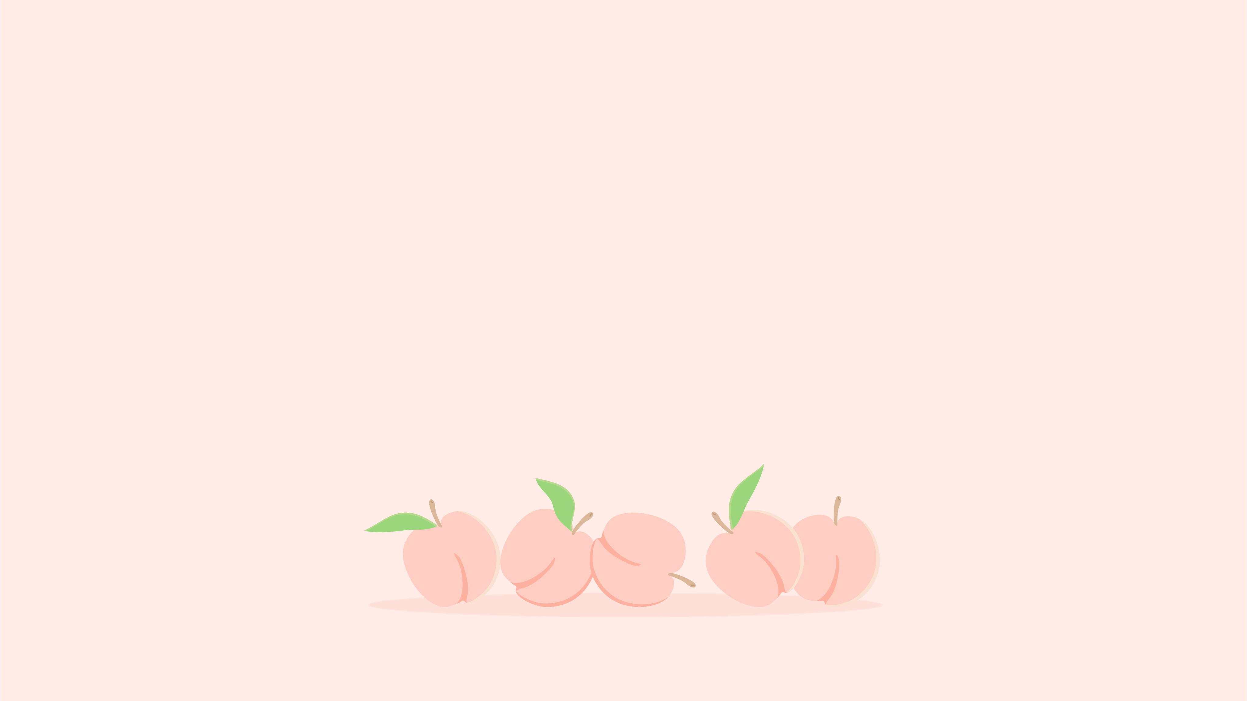 Fruits 桌布 壁紙 — 五個可愛的桃子插圖，帶有綠色葉子，排成一排，放在柔和的粉紅色背景上。