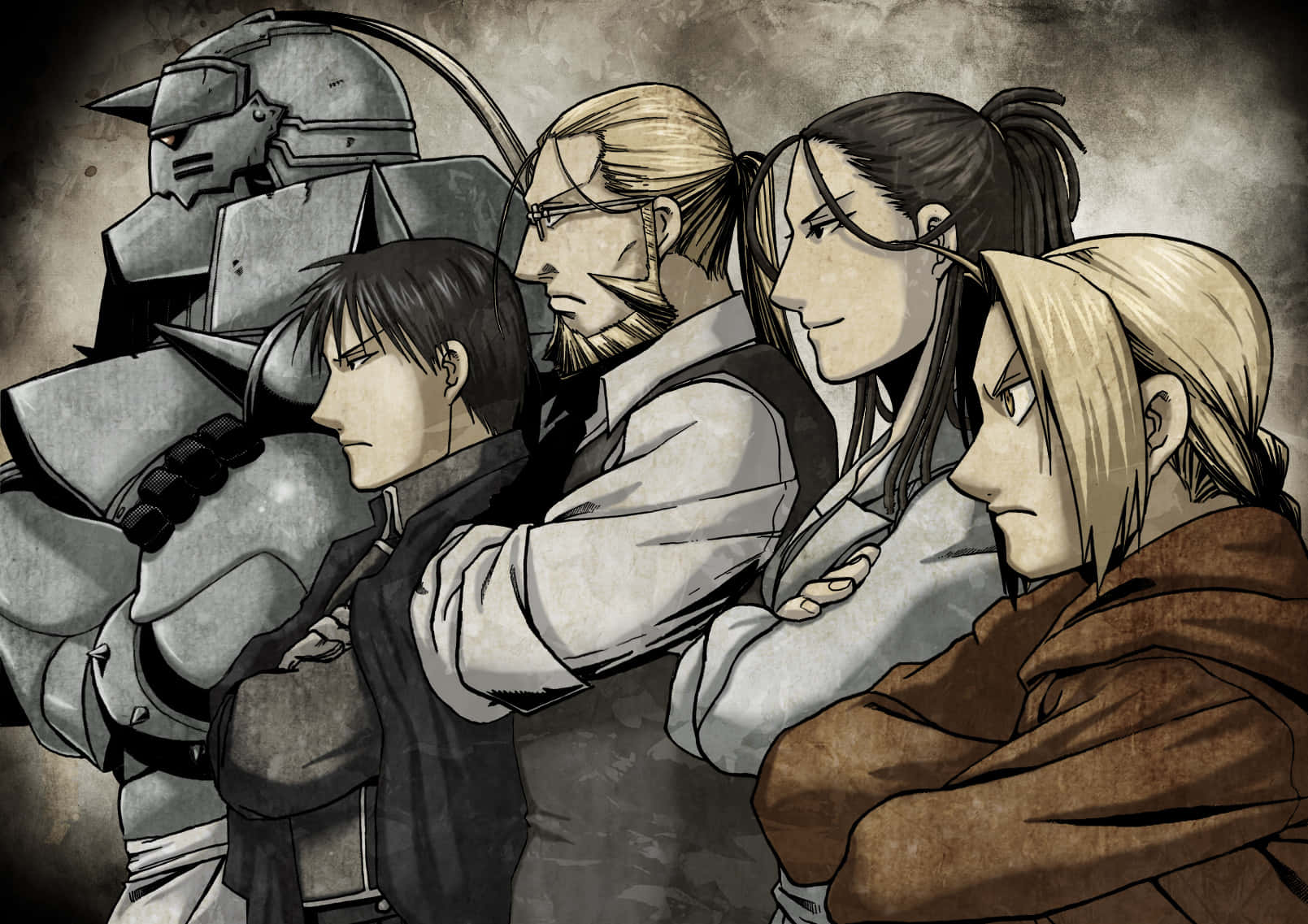 Van Hohenheim 桌布 壁紙 — 五個堅定的動漫角色排成一排，雙臂交叉，背景粗糙有質感。