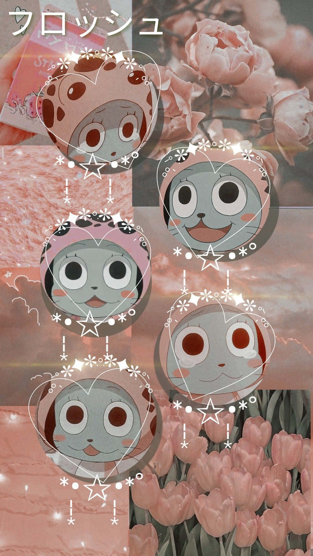 Frosch 桌布 壁紙 — 五個大眼睛的可愛卡通角色在夢幻粉彩天空下，漂浮在柔和的粉紅玫瑰和鬱金香之間。