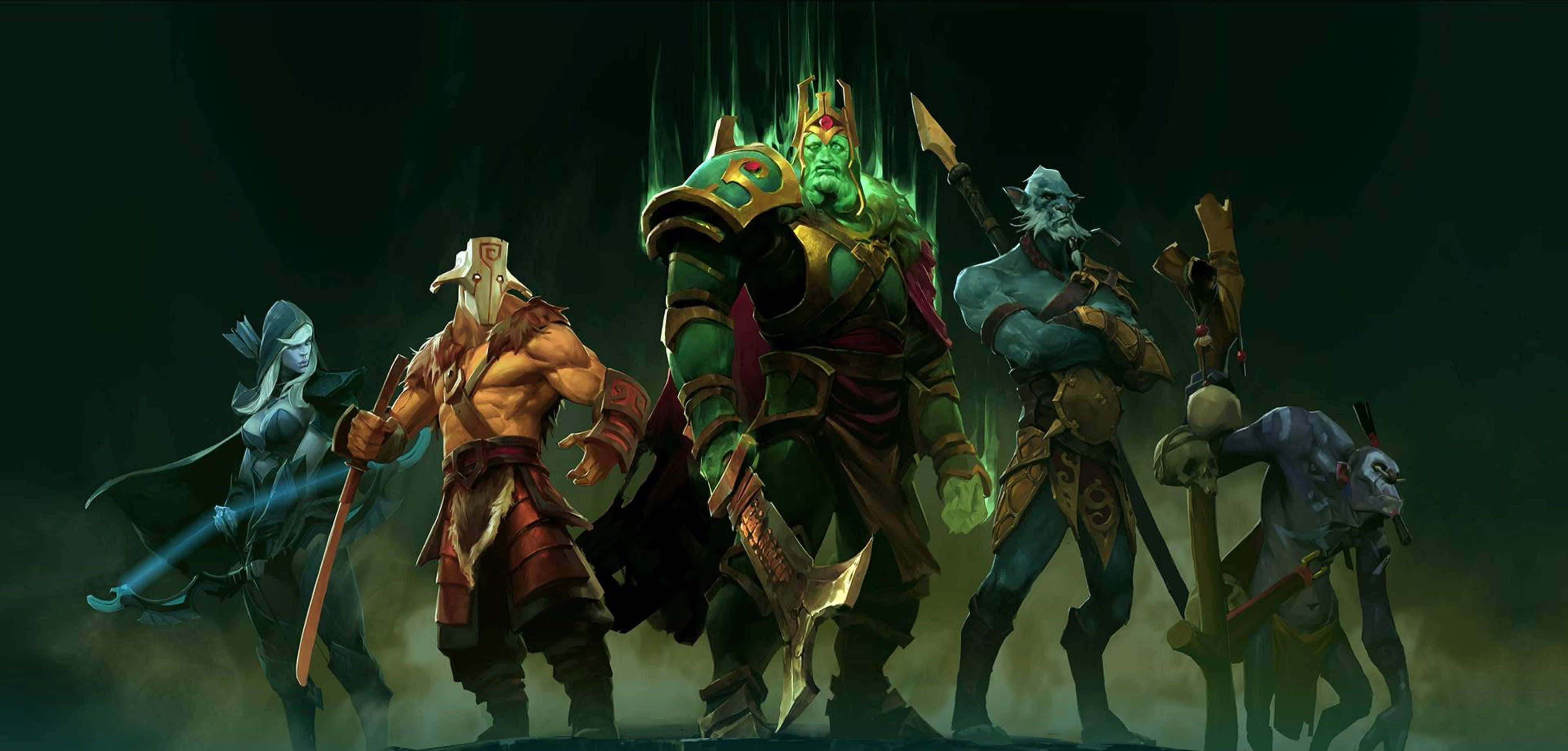 Dota 桌布 壁紙 — 五個帶有發光綠色能量的奇幻戰士站在黑暗霧濛濛的戰場上，武器已拔出，準備戰鬥。