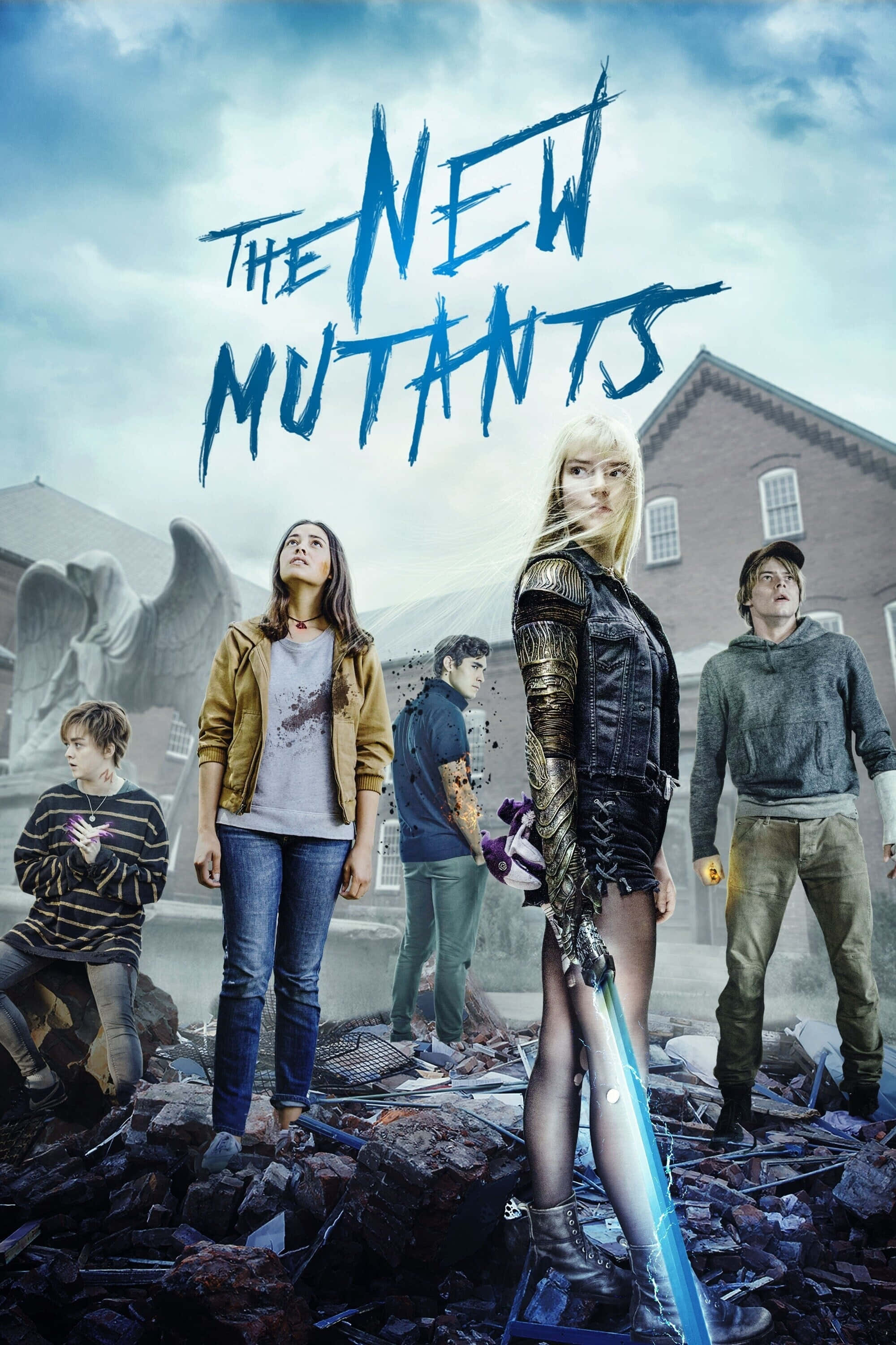 Mutants 桌布 壁紙 — 五個年輕變種人站在廢墟中的學校操場上，背景是暴風雨的天空和一個大型天使雕像。