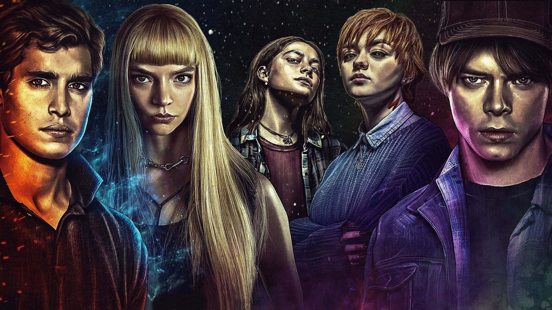 New Mutants 桌布 壁紙 — 五個強烈的年輕人對著一個帶有發光星雲和戲劇性照明的宇宙星場向前凝視。