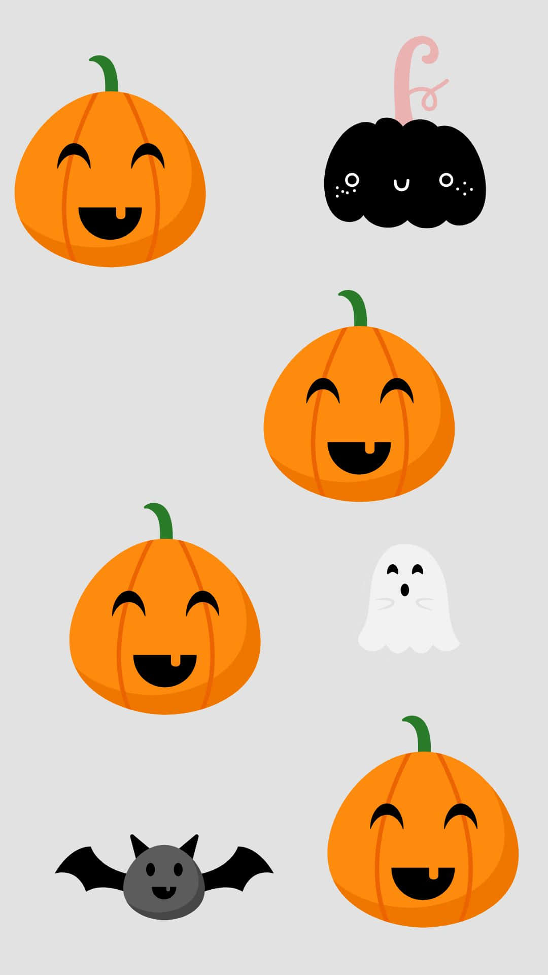 Cute Pumpkin 桌布 壁紙 — 五個微笑的橙色南瓜和一個帶有粉紅色莖的黑色南瓜，在淺灰色背景上漂浮在鬼魂和蝙蝠旁邊。