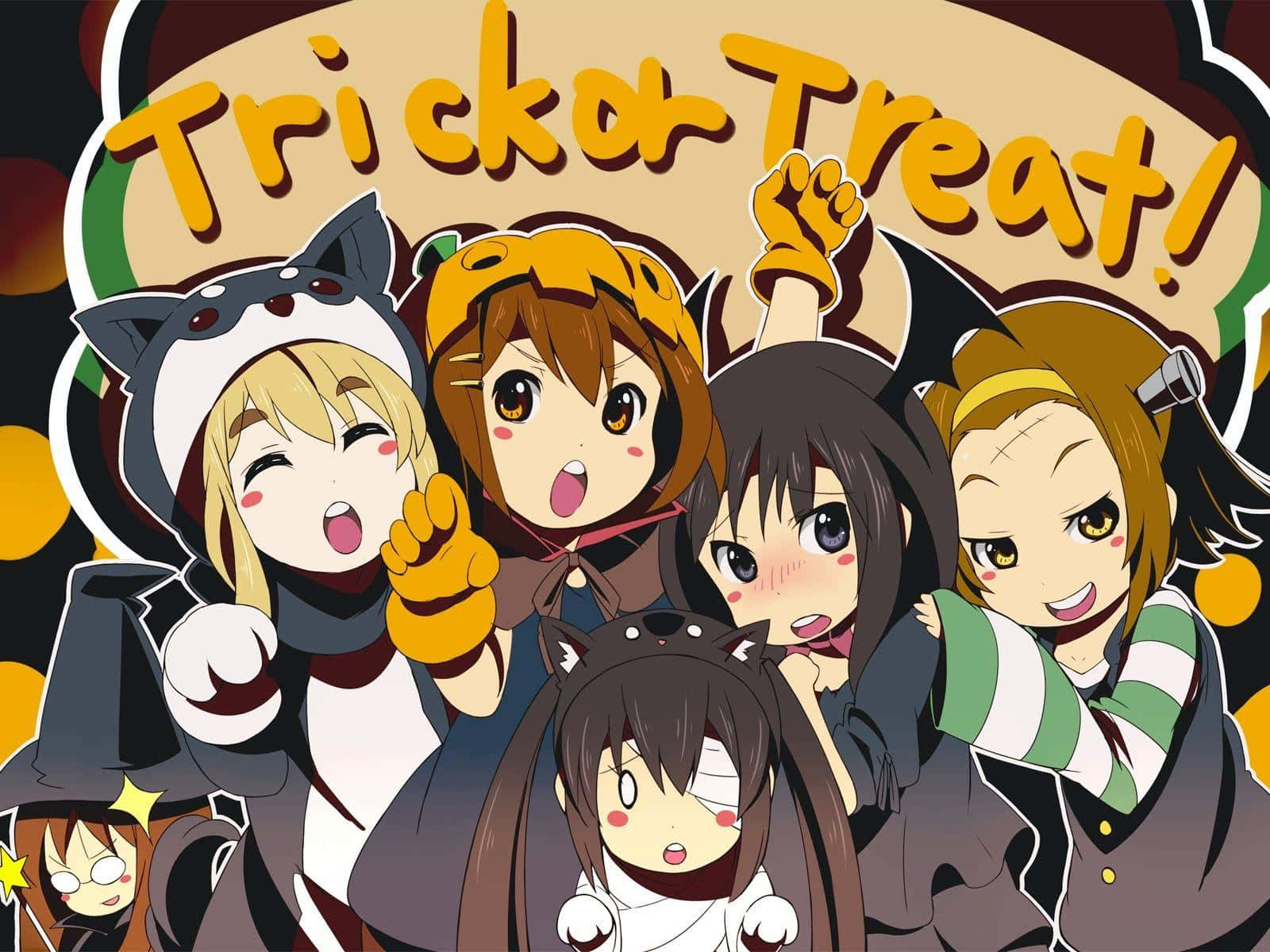 Trick-or-treaters 桌布 壁紙 — 五個快樂的動畫女孩穿著萬聖節服裝，在「Trick or Treat!」標誌下興奮地擺姿勢，背景以糖果為主題。