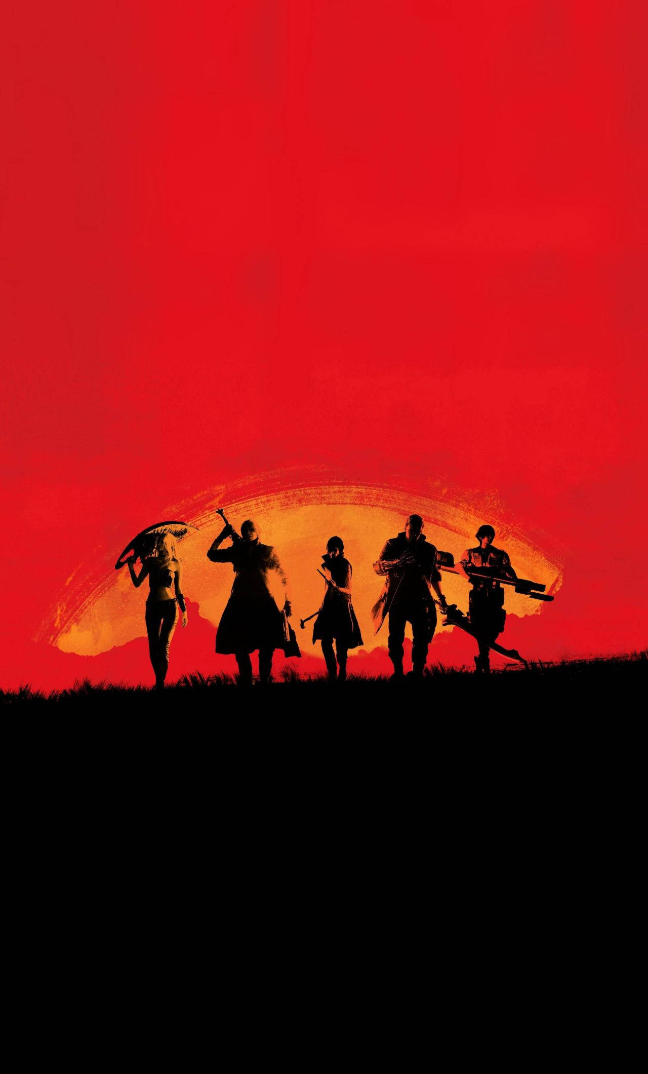 dead 桌布 壁紙 — 五個戰士剪影站在山頂上，背景是火紅的日落天空，手持武器。