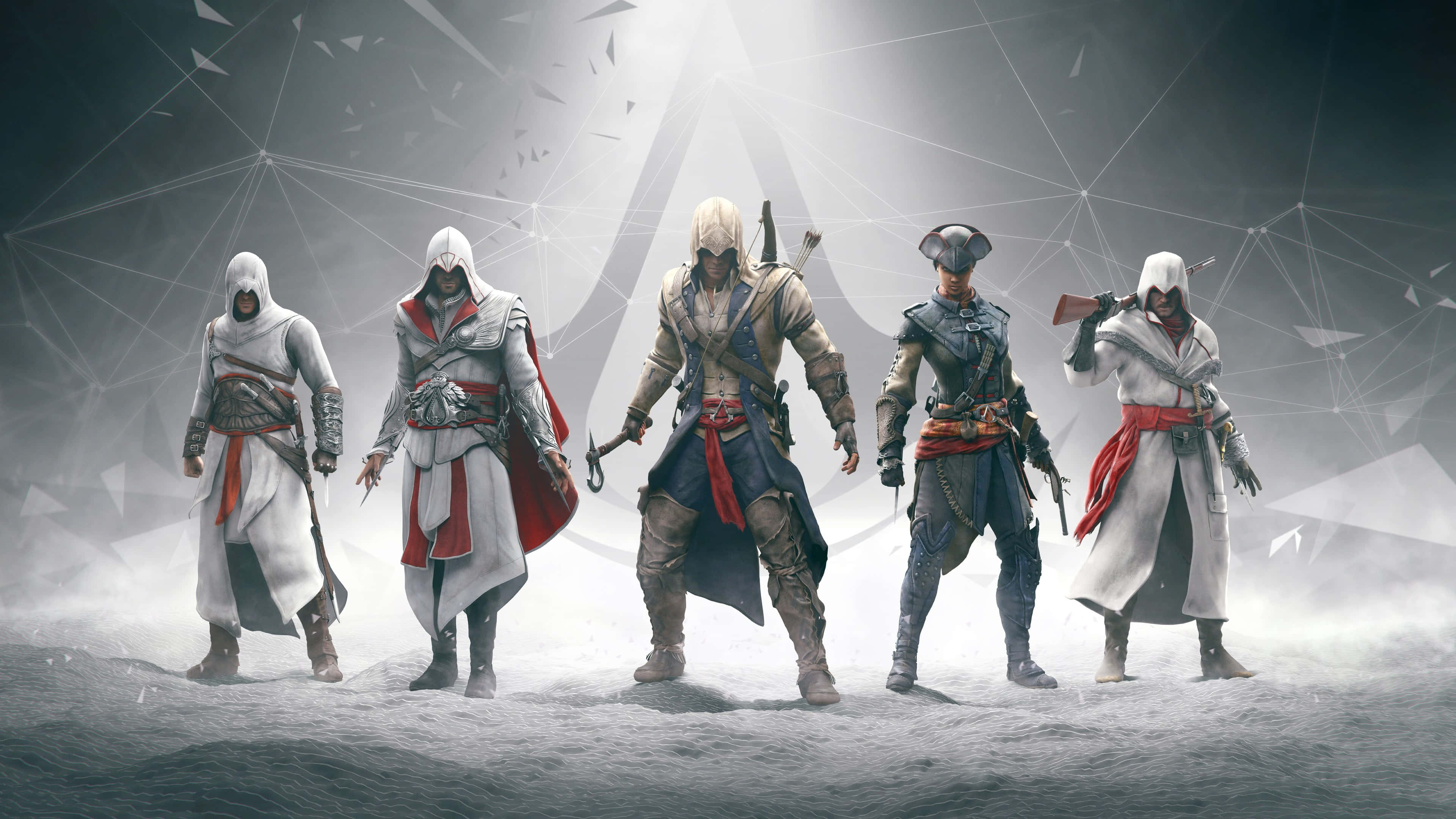 Ezio Auditore 桌布 壁紙 — 五個戴著頭罩的刺客，身穿帶有紅色點綴的白色長袍，站在迷霧中、幾何圖案的地形上，在戲劇性的燈光下。