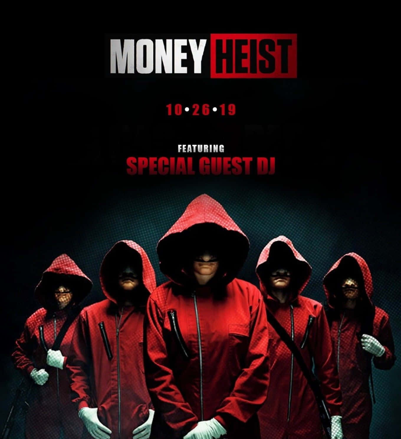 Money Heist 桌布 壁紙 — 五個戴面具的人物穿著標誌性的紅色連身衣，站在《紙房子》黑暗而戲劇性的宣傳海報中。