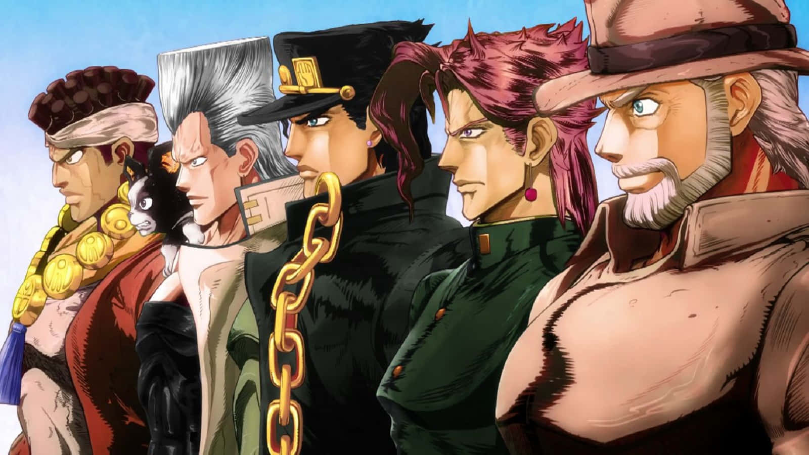 Jjba 桌布 壁紙 — 五個擁有不同髮型和服裝的動漫角色，在清澈的藍天下排成一排。
