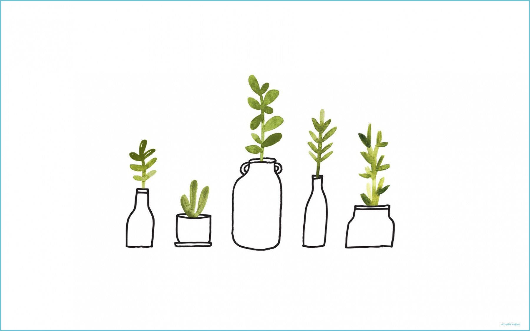Plant 桌布 壁紙 — 五個極簡線條畫植物，放在各種瓶子與花盆中，帶有水彩綠色葉子，背景為純白色。