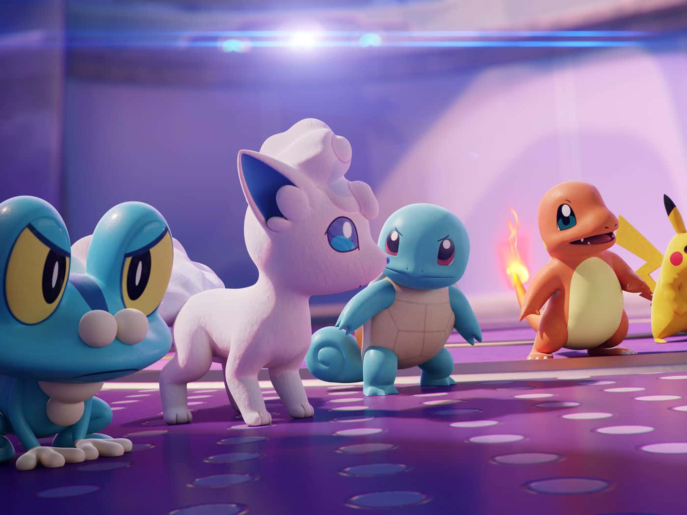 Pokemon Toys 桌布 壁紙 — 五個標誌性的寶可夢角色在戲劇性的聚光燈下站在發光的紫色舞台上。
