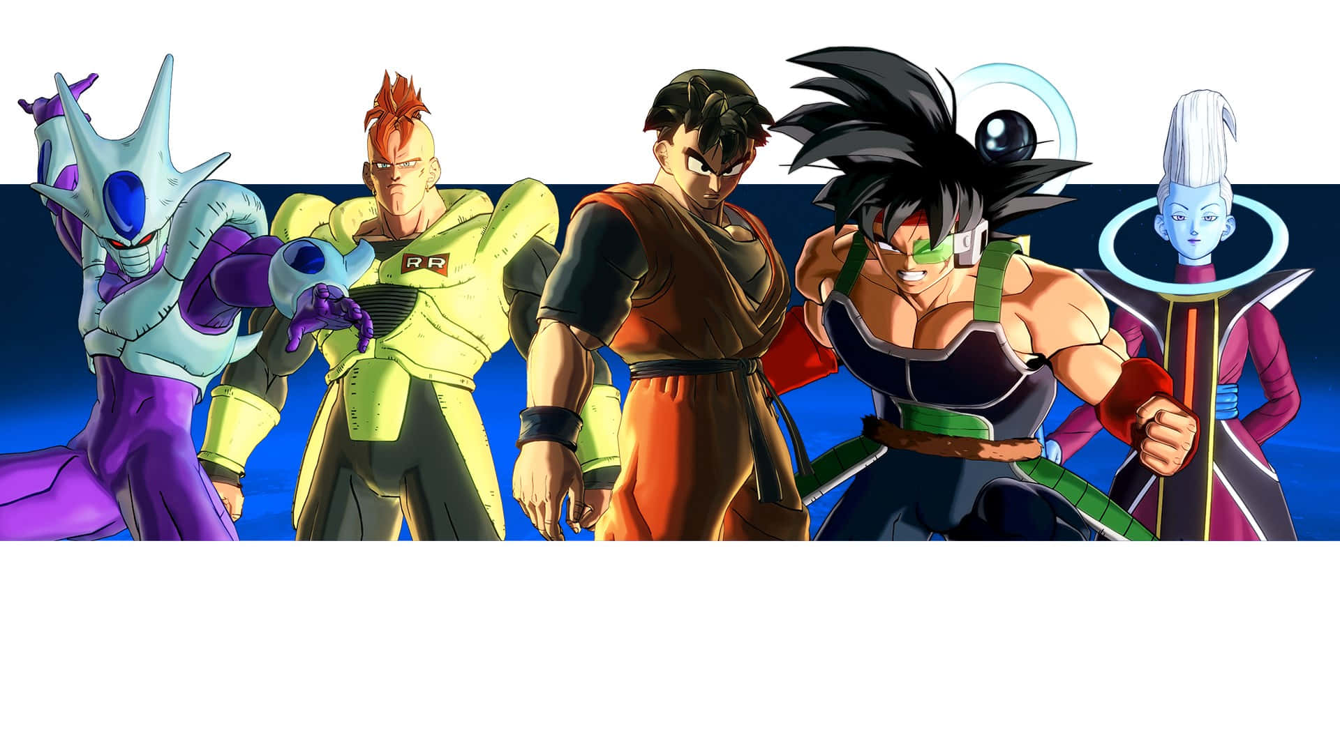 Dragon Ball Xenoverse 2 桌布 壁紙 — 五個標誌性的龍珠角色以動態陣容站在深藍色漸變背景前。