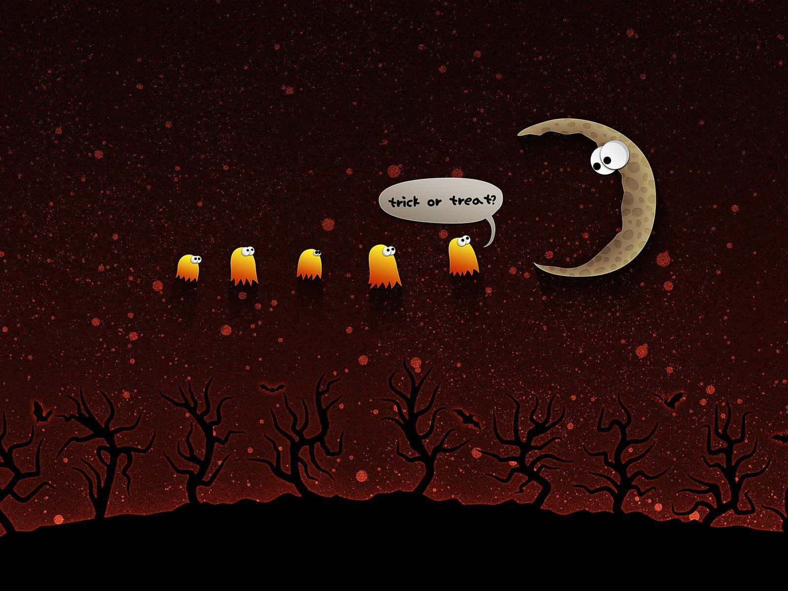 Trick-or-treaters 桌布 壁紙 — 五個橙色鬼魂在彎月下漂浮，在深紅色星空和光禿樹木的背景下問不給糖就搗蛋。