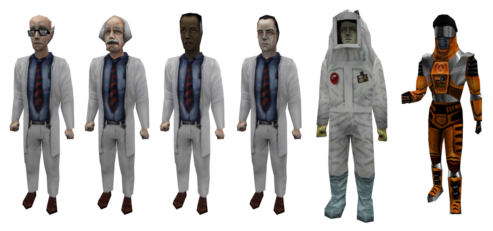 Half-life Characters 桌布 壁紙 — 五個男性角色穿著實驗室外套，一個穿著防護服，排成一排站在純白色背景前。
