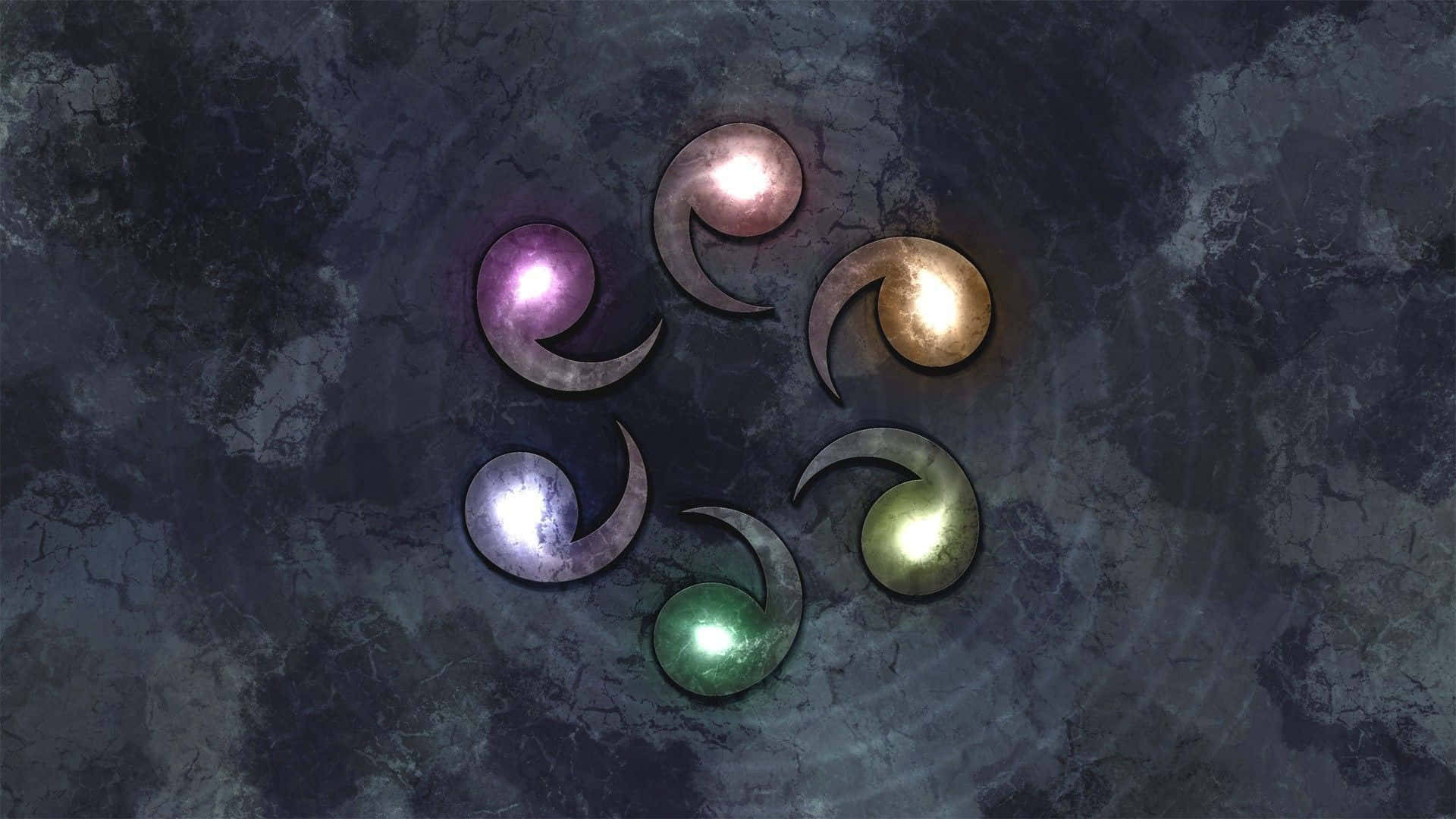 Sage Of Six Paths 桌布 壁紙 — 五個發光的螺旋球體，顏色分別為紫色、金色、藍色、綠色和白色，放置在一個破裂的深色石頭表面上。