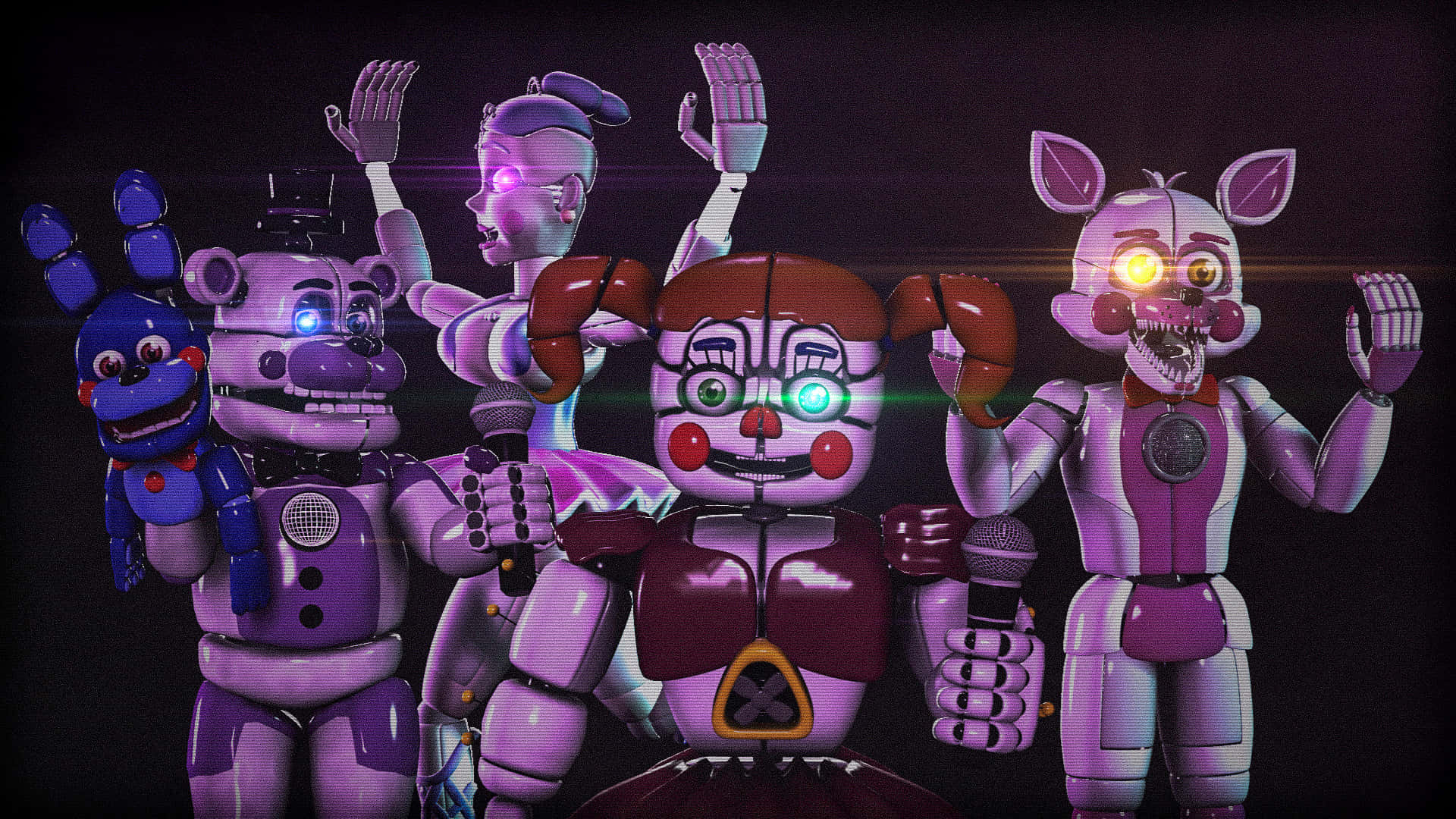Fnaf Sister Location 桌布 壁紙 — 五個發光眼睛、舉起雙手的電子動畫角色，在黑暗背景下擺出威脅姿勢。