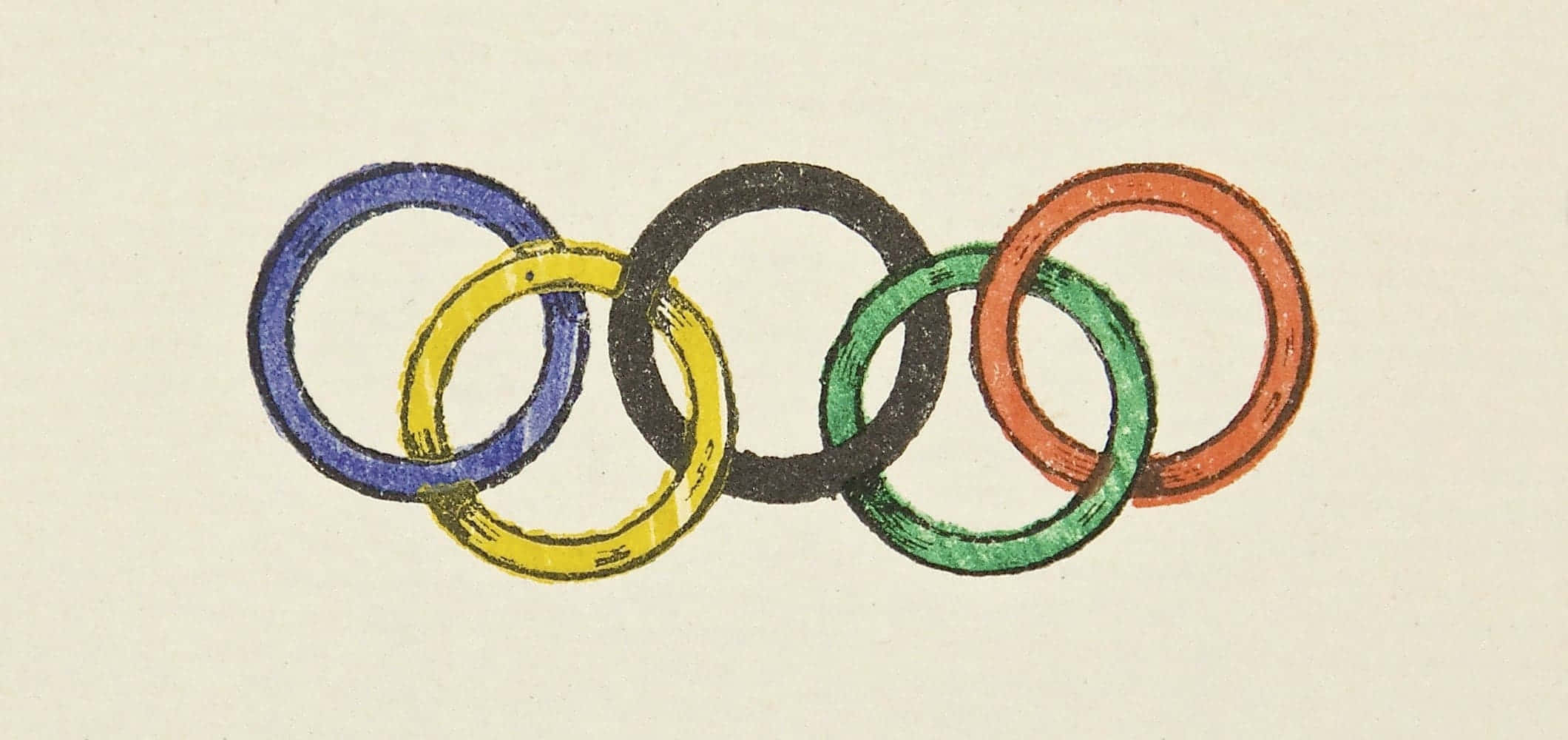 Olympics 桌布 壁紙 — 五個相互交織的奧運環，顏色為藍、黃、黑、綠、紅，用帶紋理的蠟筆畫在奶油色紙上。