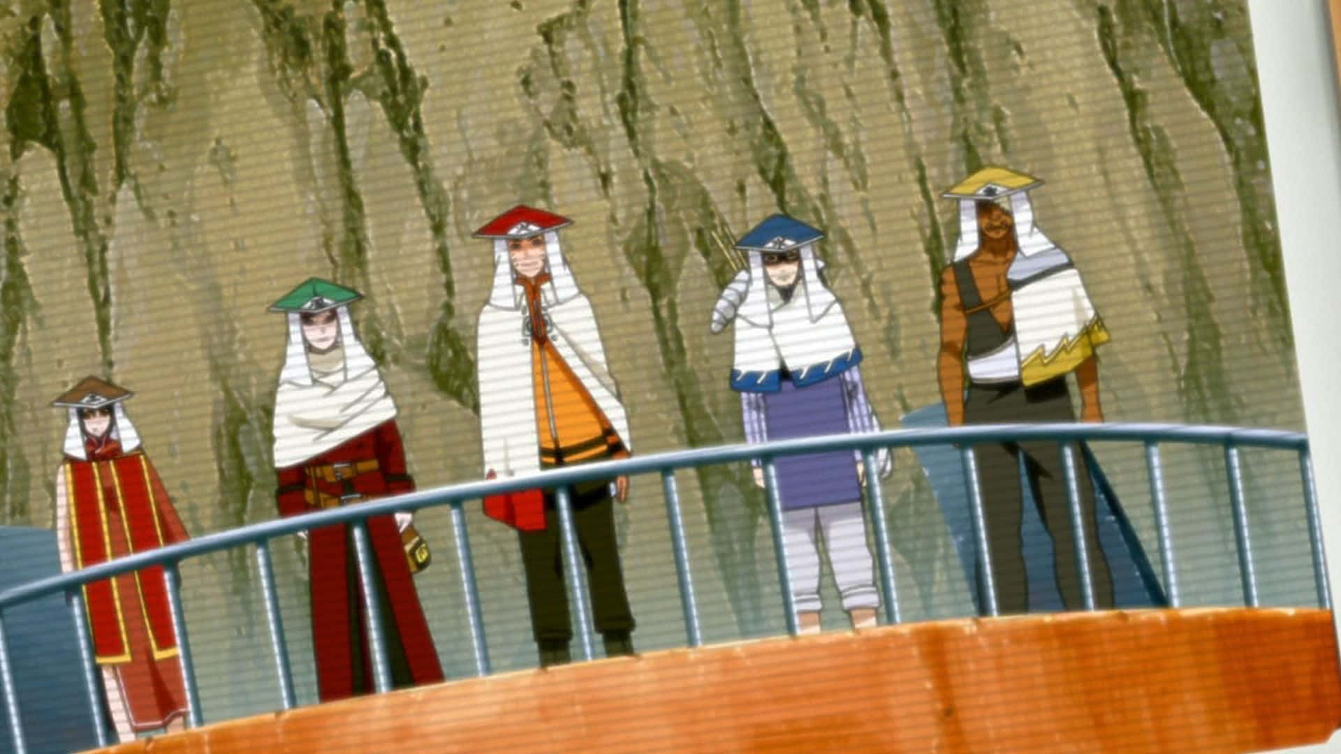 Naruto Kage 桌布 壁紙 — 五個穿著傳統長袍的動漫角色站在橋欄杆上，背景是長滿青苔的懸崖。