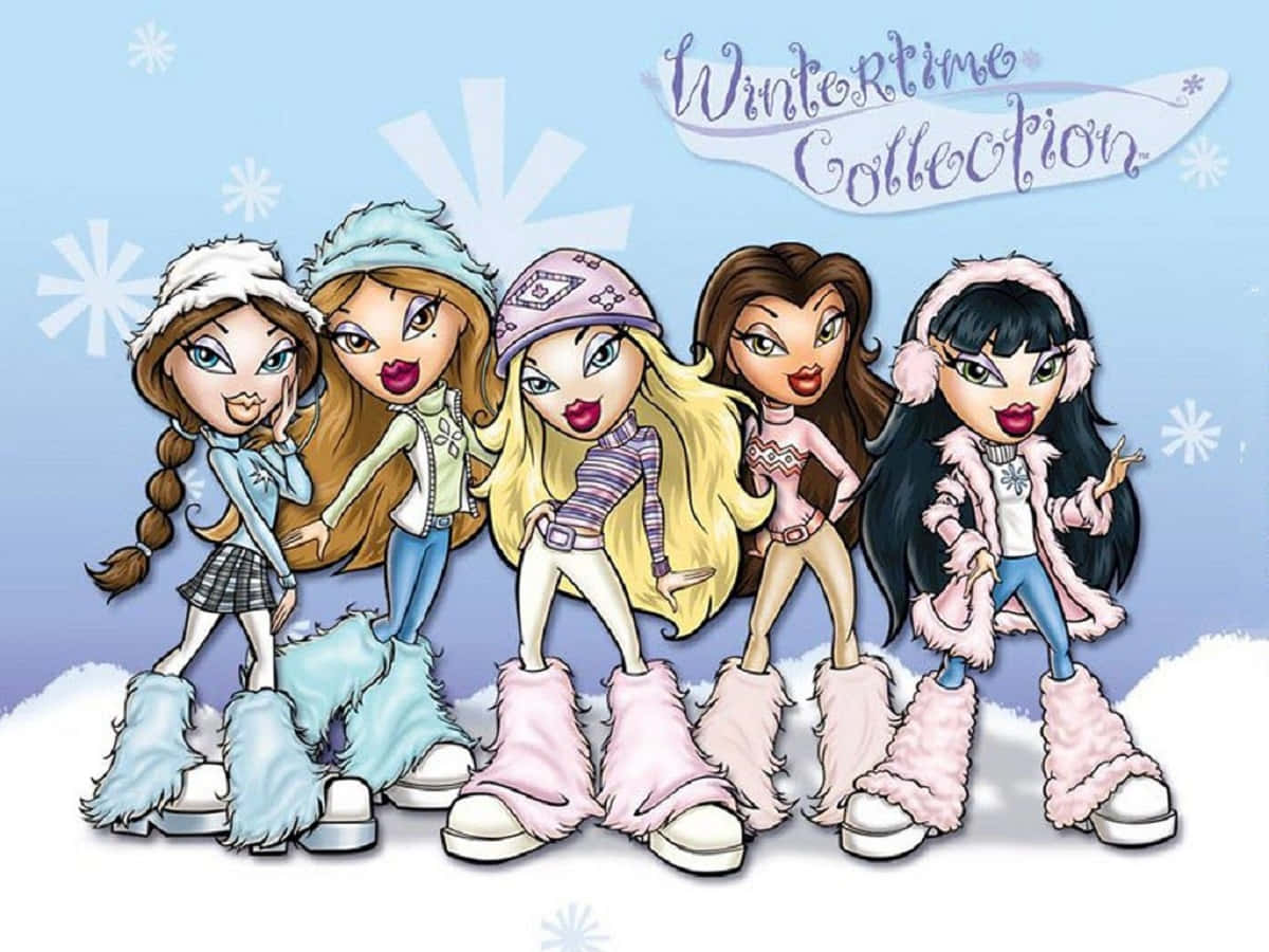 貝茲娃娃 桌布 壁紙 — 五個穿著冬季裝備的 Bratz 公仔在雪地上擺姿勢，背景是淺藍色天空和雪花。
