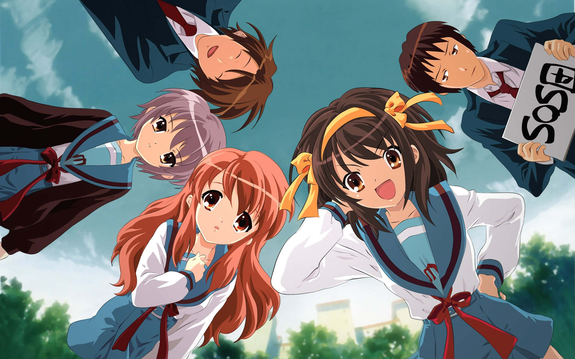 Haruhi Suzumiya 桌布 壁紙 — 五個穿著校服的動漫學生在明亮的天空下，下方有樹木，快樂地漂浮著。