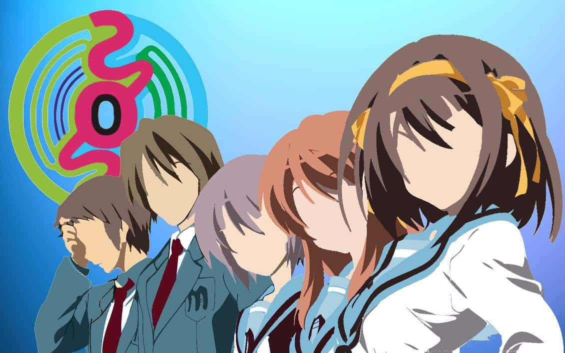 Haruhi Suzumiya 桌布 壁紙 — 五個穿著校服的動漫角色在藍色背景前側面站立，背景有一個色彩繽紛的螺旋標誌。