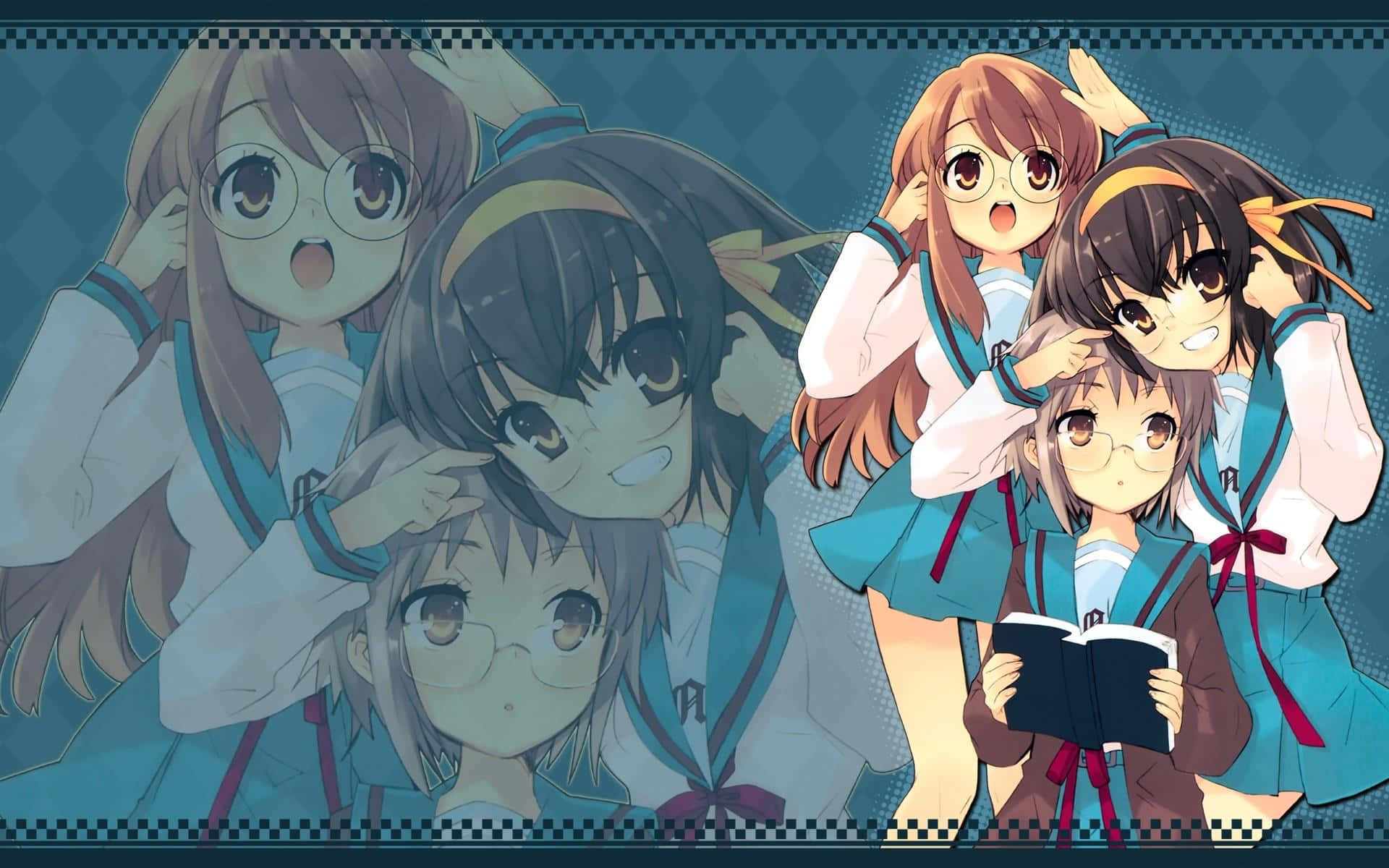 The Melancholy Of Haruhi Suzumiya 桌布 壁紙 — 五個穿著校服的動畫女孩在青綠色格子背景前愉快地擺姿勢，表情俏皮。