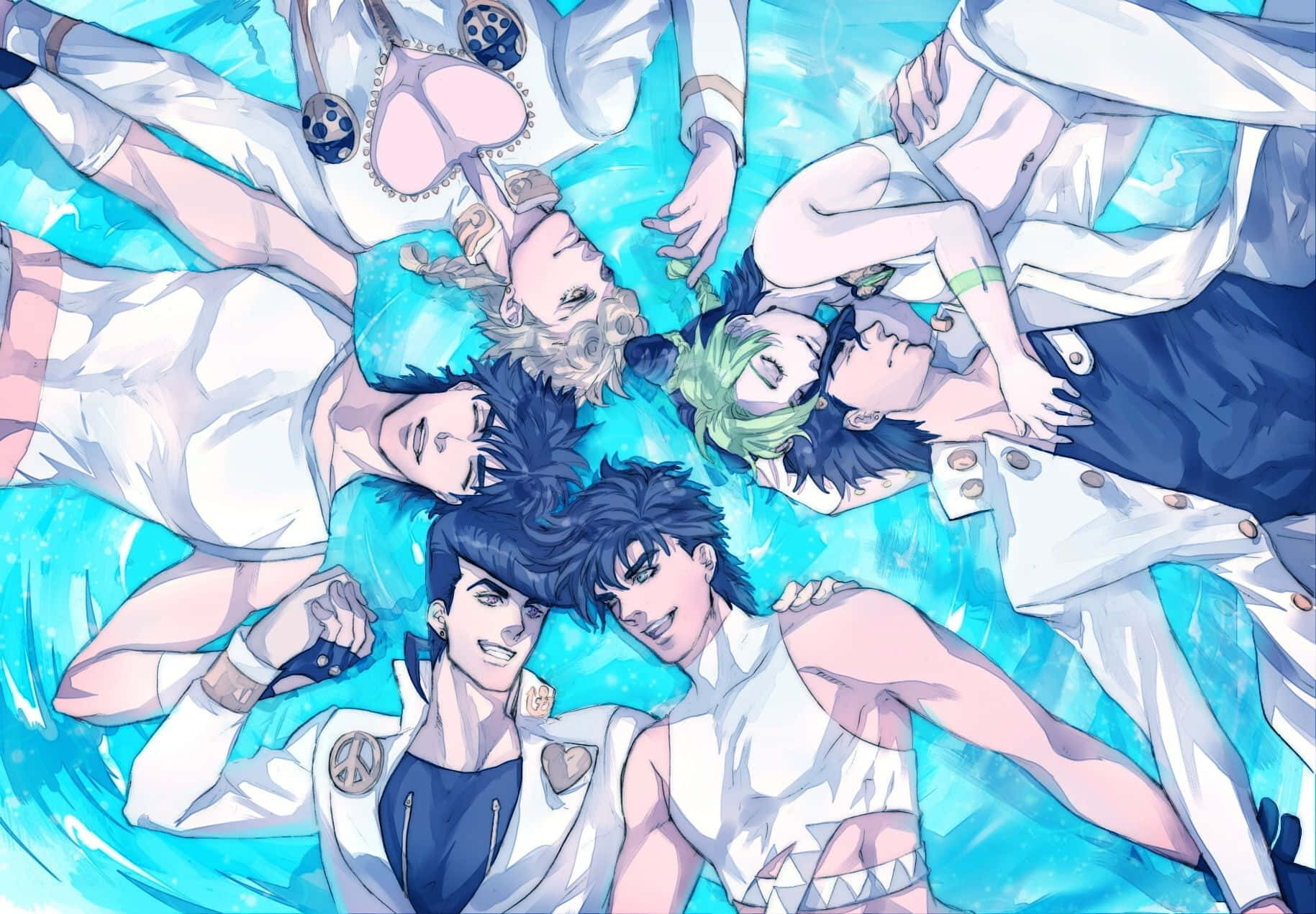 Battle Tendency 桌布 壁紙 — 五個穿著白色外套的動漫角色在旋轉的藍綠色水中一起漂浮，手臂連成一個圓圈。