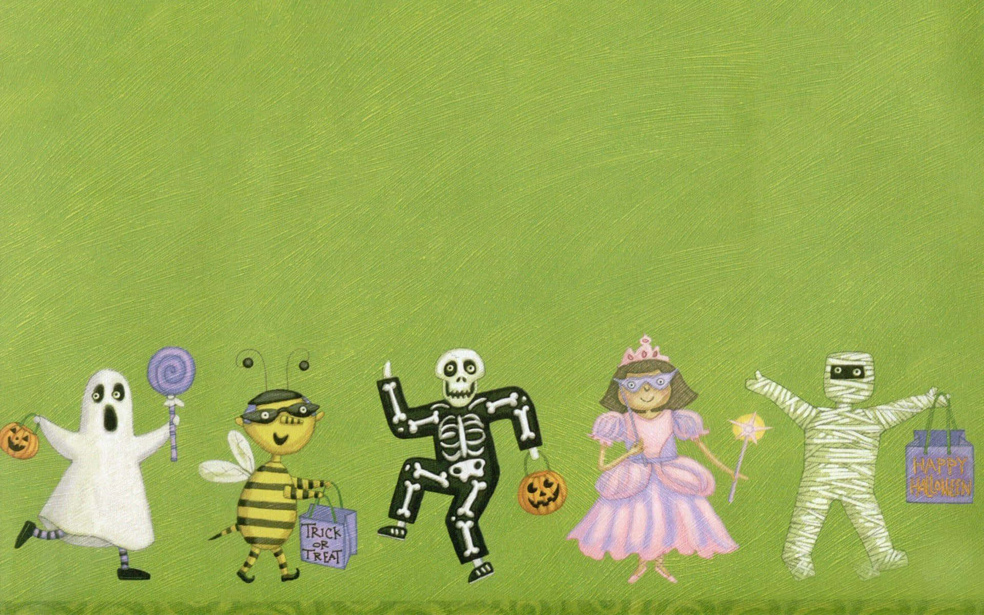Horror Costumes 桌布 壁紙 — 五個穿著萬聖節服裝的卡通小孩在草地上快樂地跳舞，背景是帶有紋理的綠色。