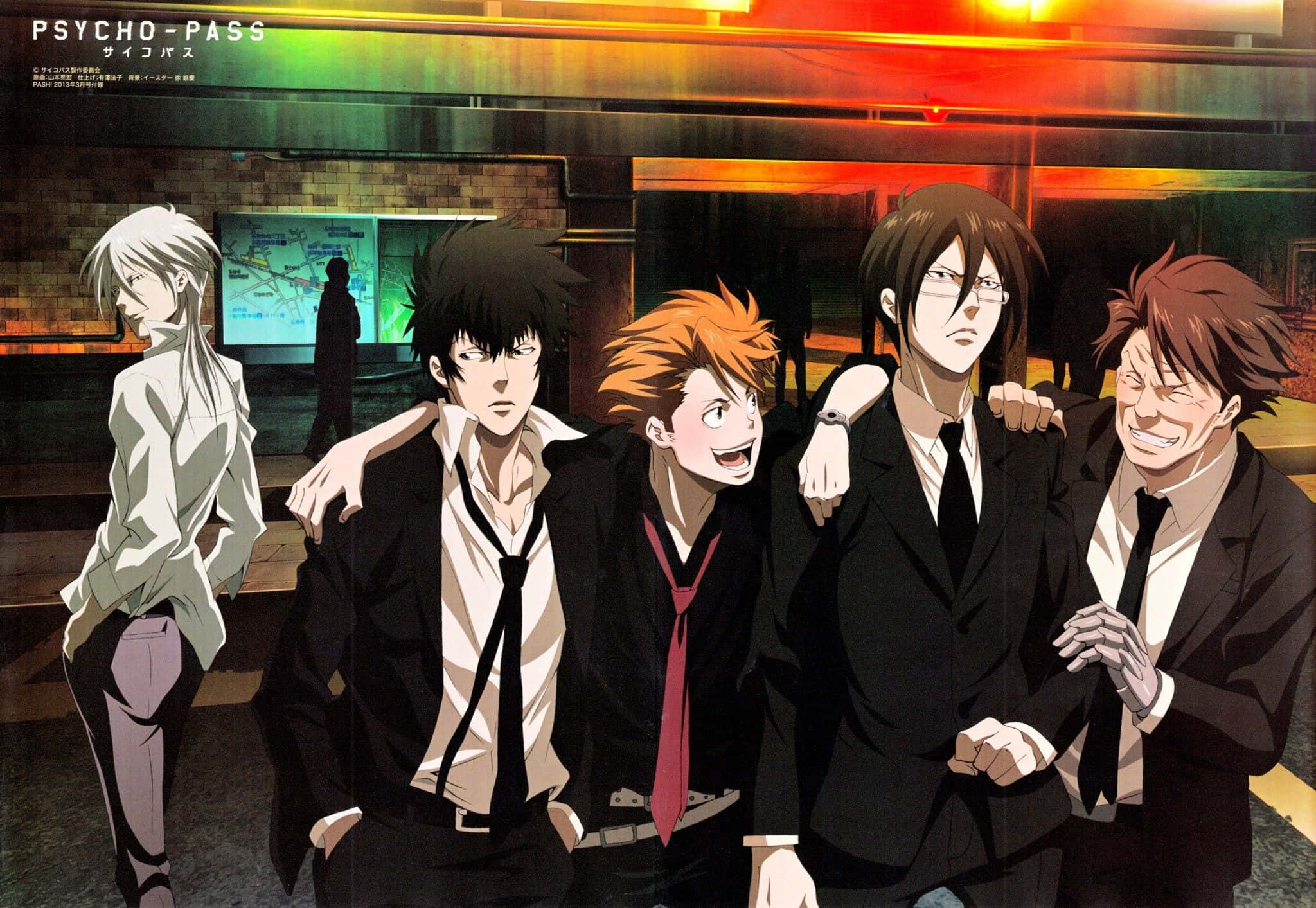 Shinya Kogami 桌布 壁紙 — 五個穿著西裝的動漫角色並肩站立在霓虹燈照亮嘅城市夜景中，背後有發光嘅招牌同地圖顯示屏。