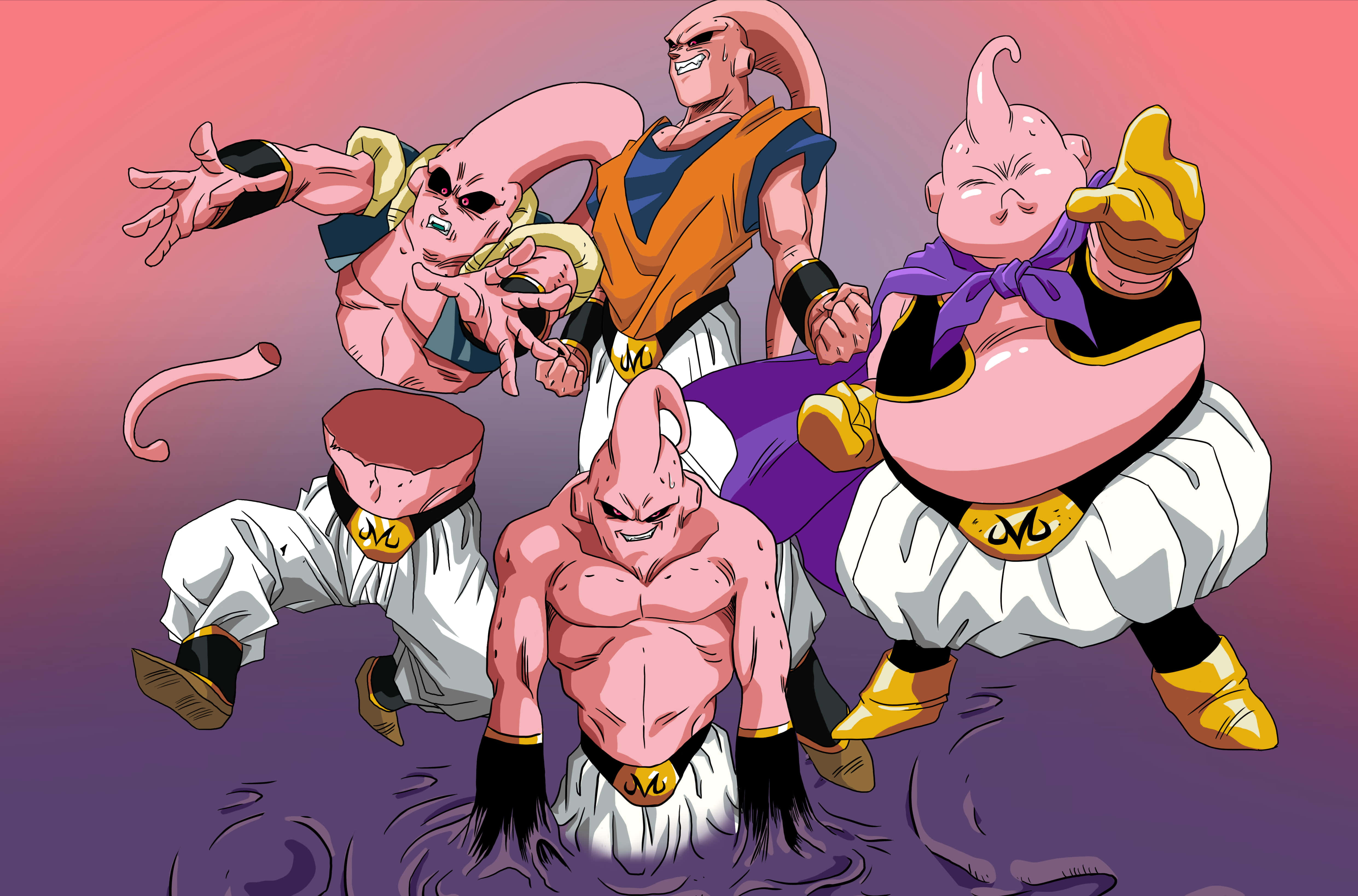 Buu Saga 桌布 壁紙 — 五個粉紅色皮膚的動畫反派在粉紅和紫色漸變背景上擺出動態姿勢。