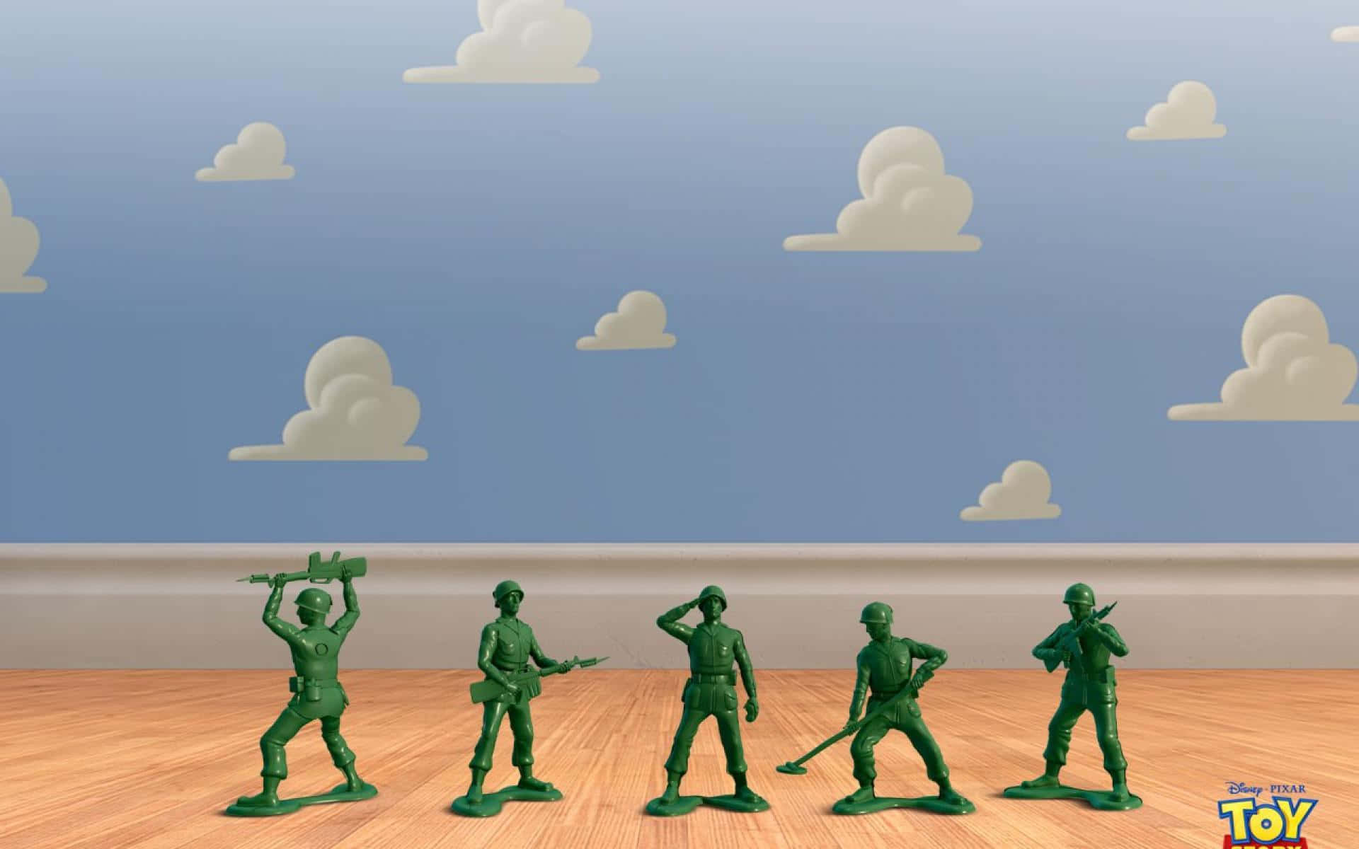 Toy Story Cloud 桌布 壁紙 — 五個綠色塑膠玩具士兵在藍天白雲下的木地板上排成隊形。