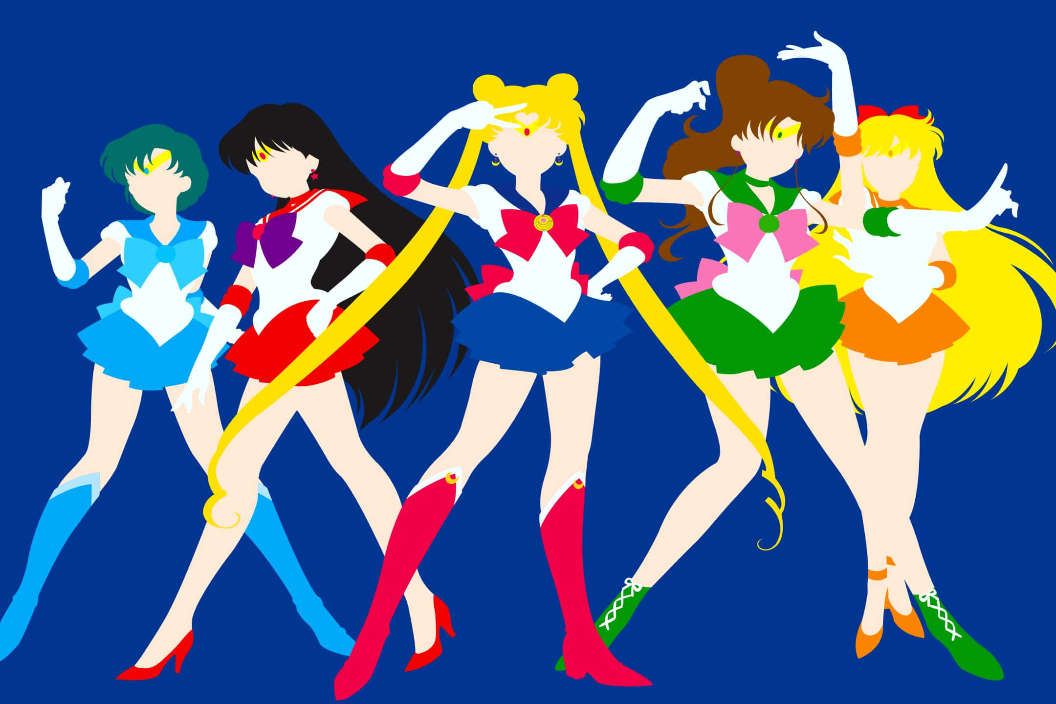 sailor mars 桌布 壁紙 — 五個美少女戰士角色穿著色彩繽紛的制服，在純藍色背景前動態擺姿勢。