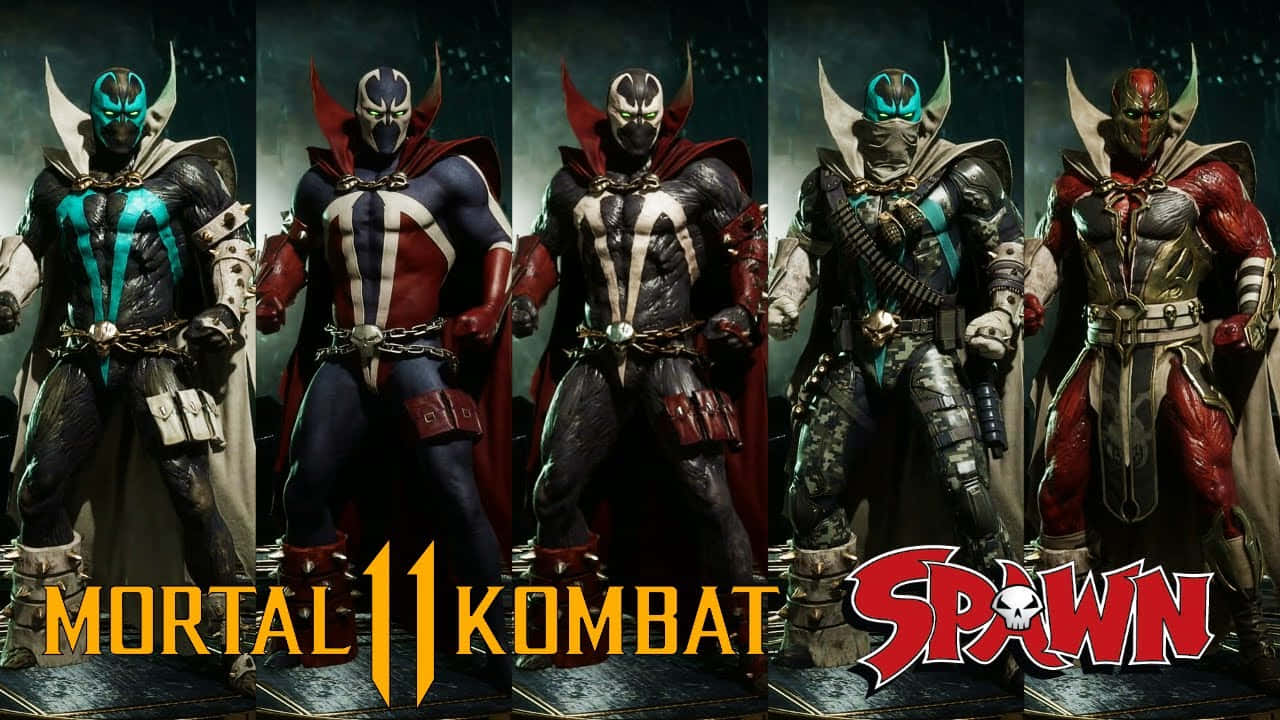 Mortal Kombat 11 Spawn 桌布 壁紙 — 五個肌肉發達的Spawn角色身穿暗色盔甲，在暴風雨背景前站成一排，下方有遊戲標誌。